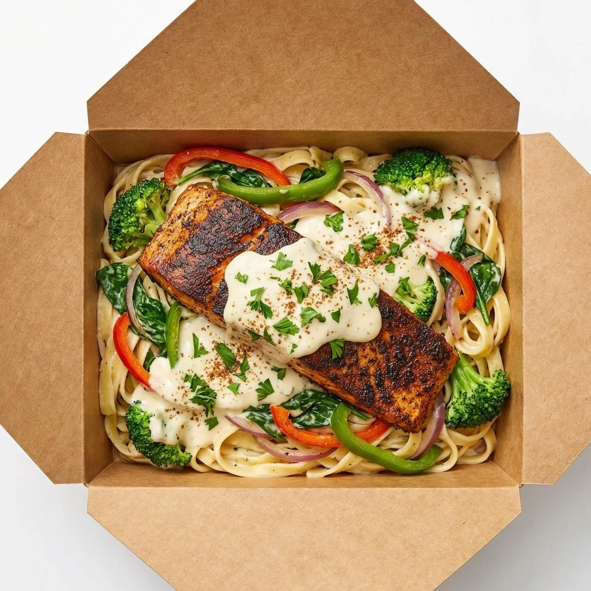 A takeout box containing linguine noodles topped with grilled salmon, a creamy sauce, and mixed vegetables.