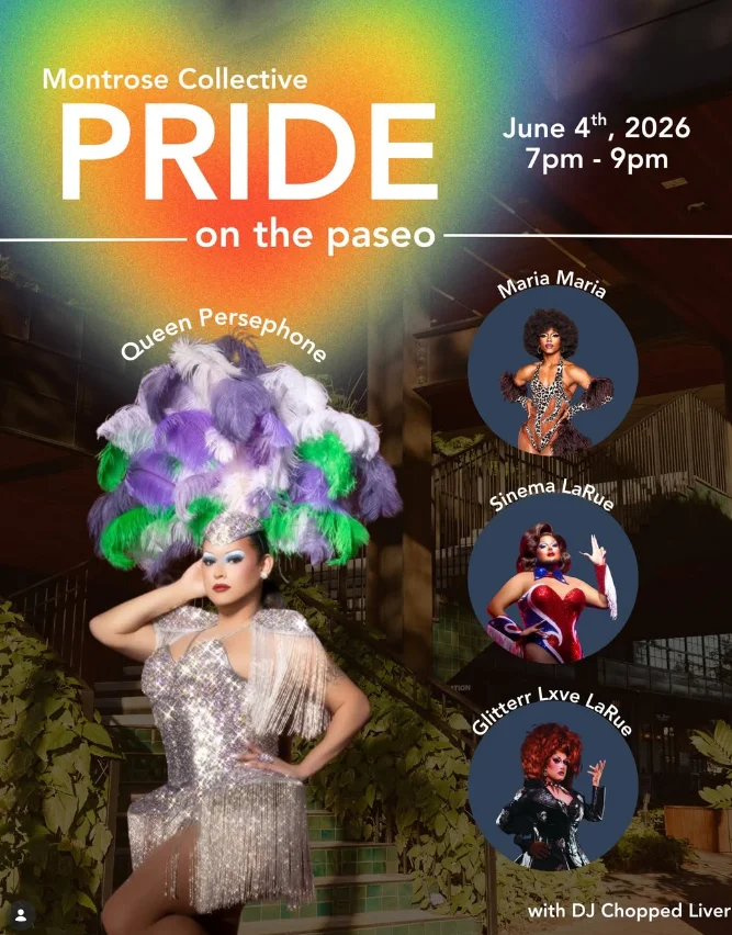 Pride event poster featuring drag performers and vibrant colors