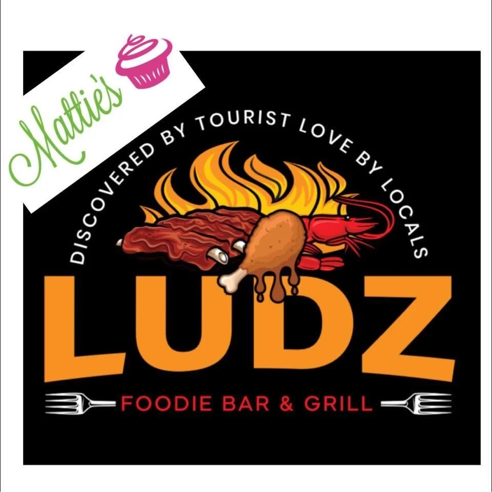 A logo featuring grilled food items such as ribs and chicken, with flames in the background. It promotes a food bar and grill.