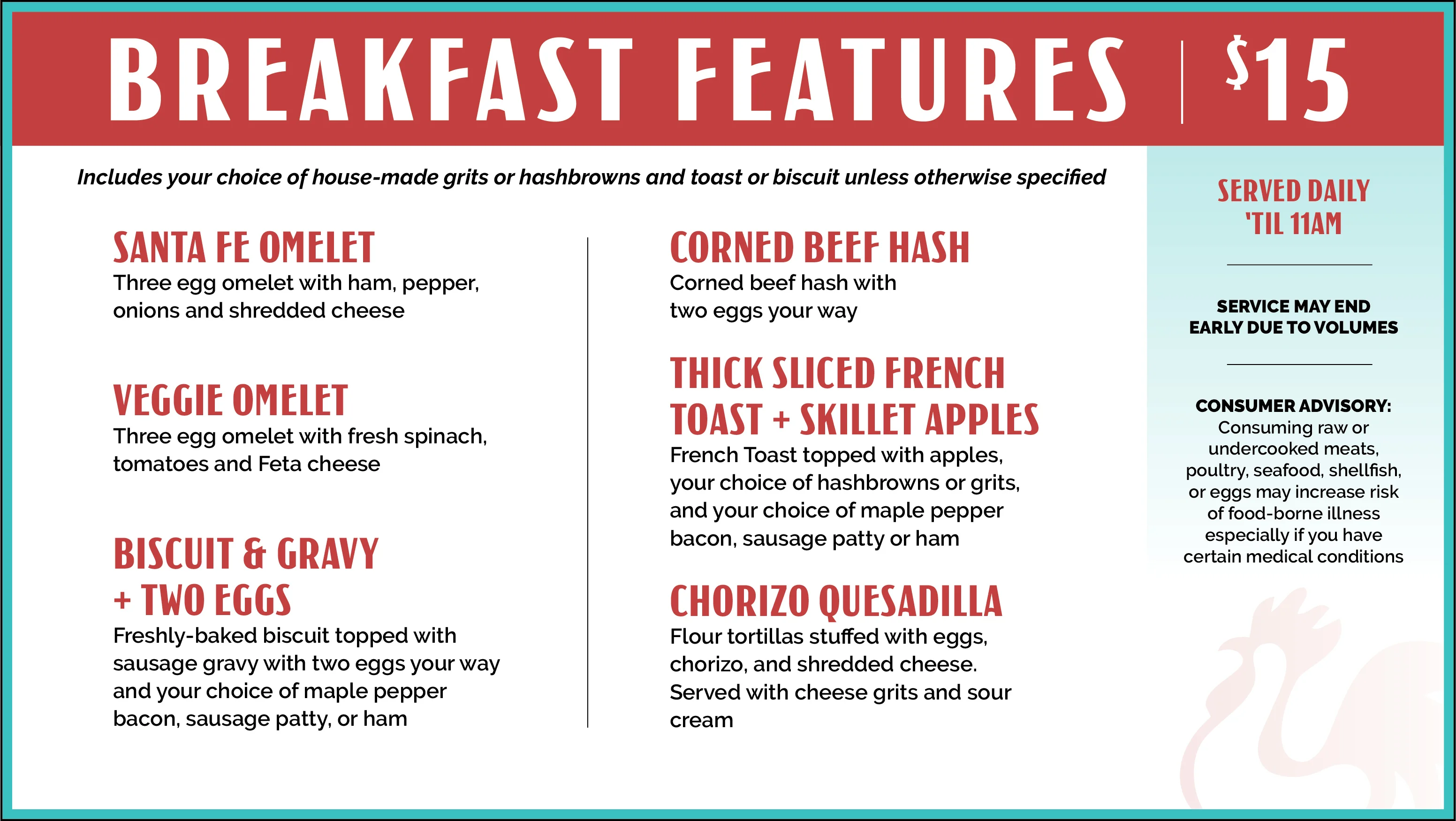 Breakfast menu featuring omelets and corned beef hash