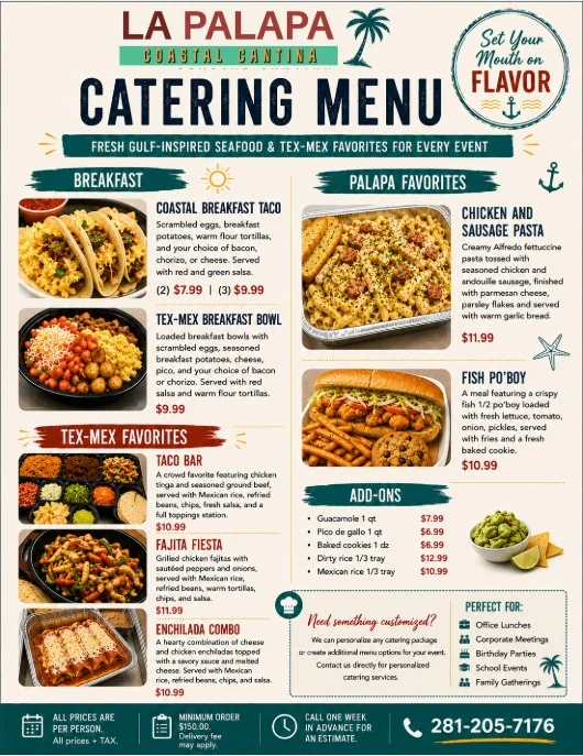 Catering menu for La Palapa Coastal Cantina featuring breakfast and Tex-Mex options.