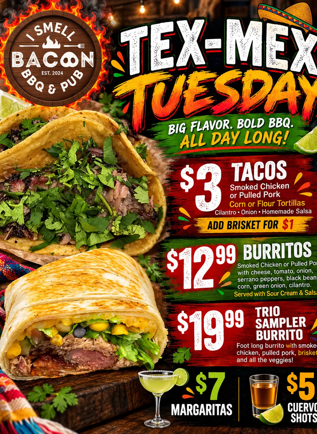 Street tacos and a foot-long burrito at a BBQ pub restaurant