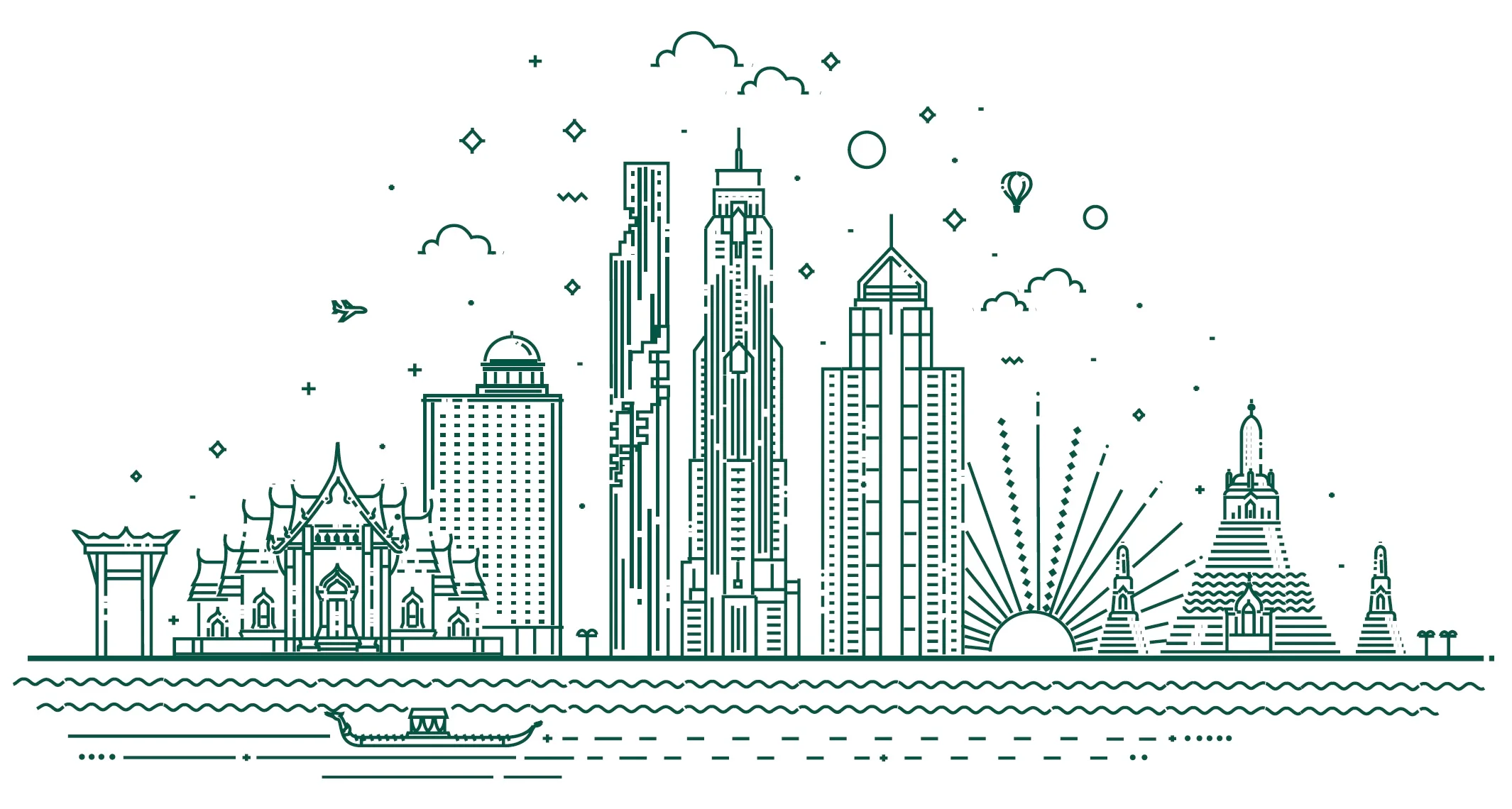 Stylized skyline illustration of a city with modern and traditional architecture