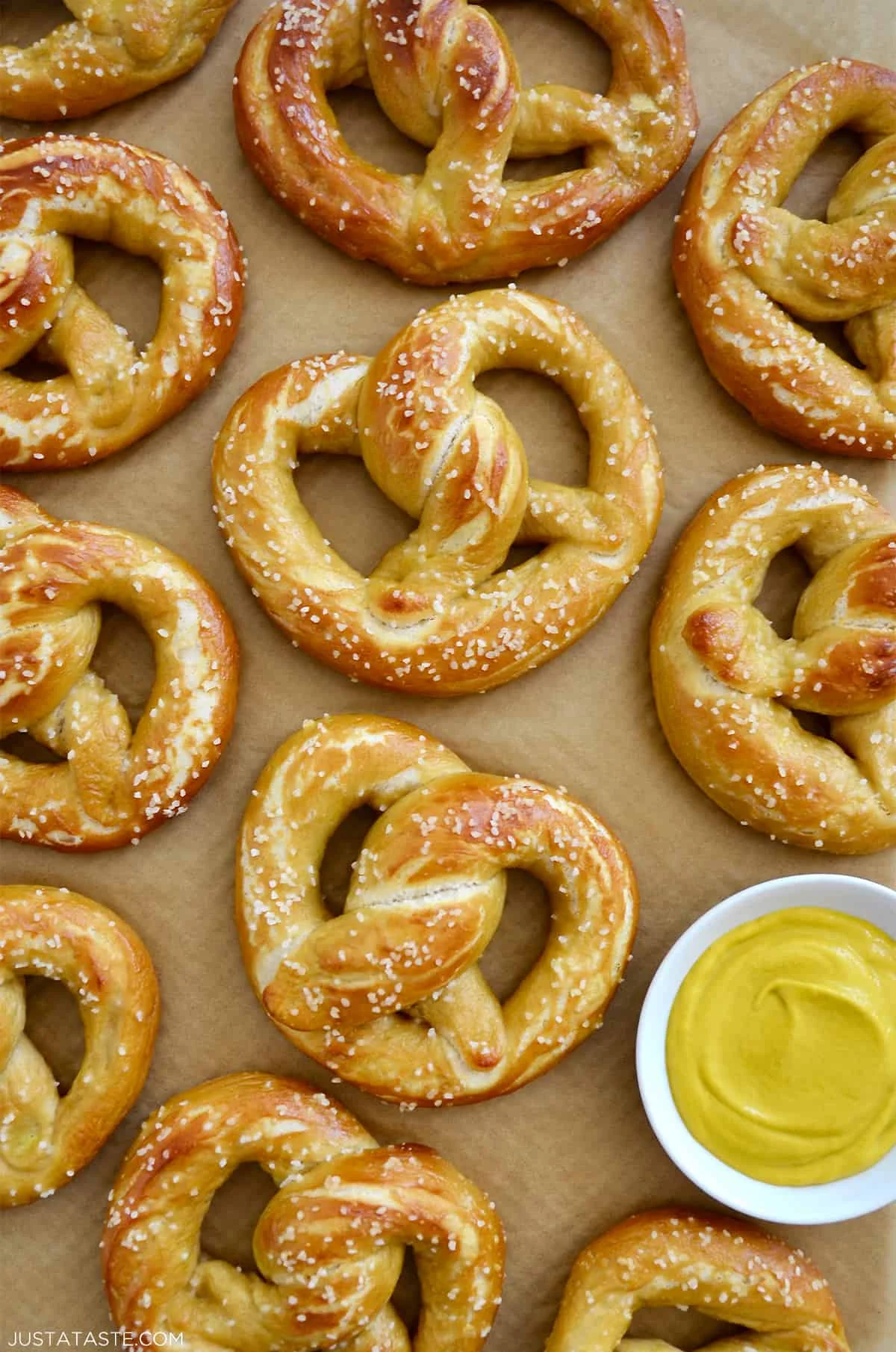 Freshly baked German pretzels with coarse salt