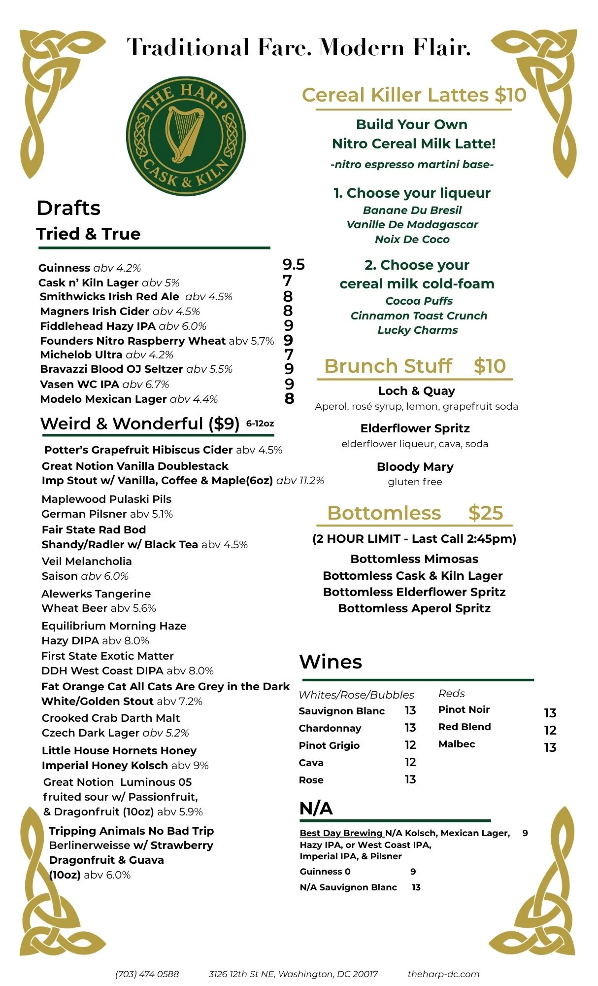 Menu featuring drinks and brunch options at The Harp restaurant.