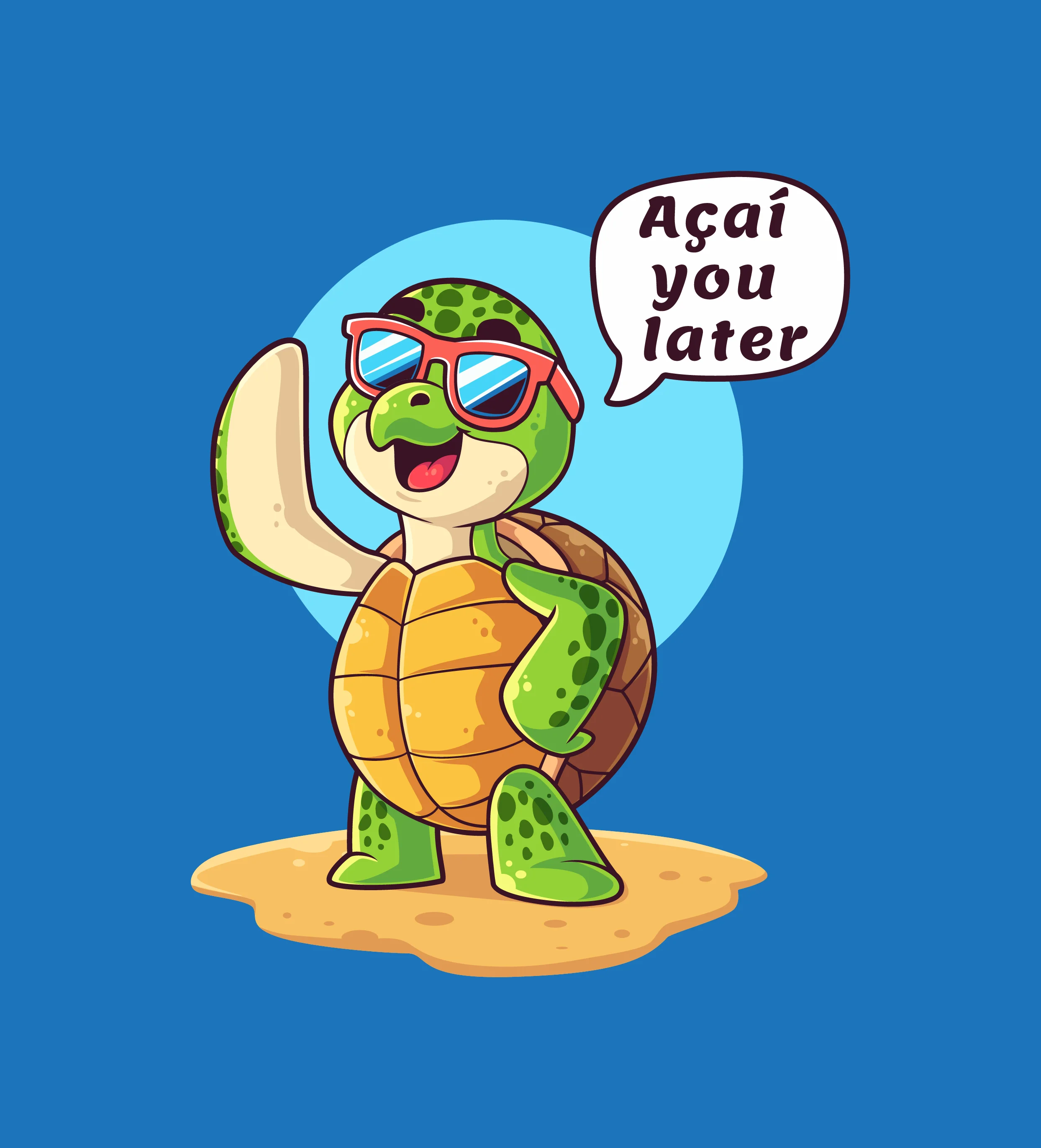 Cartoon turtle character with sunglasses and a playful phrase
