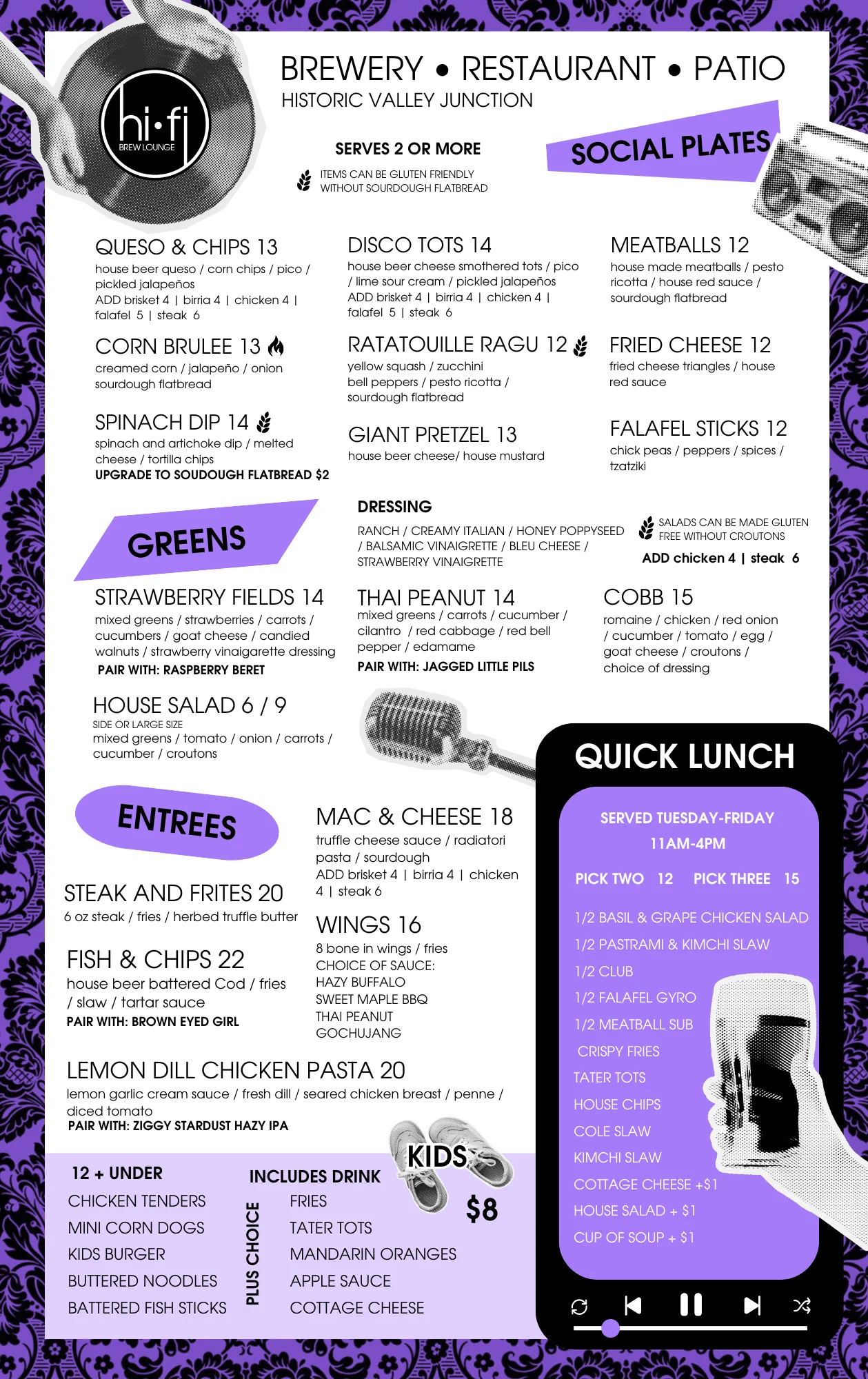 Menu of a brewery restaurant featuring diverse social plates and entrees