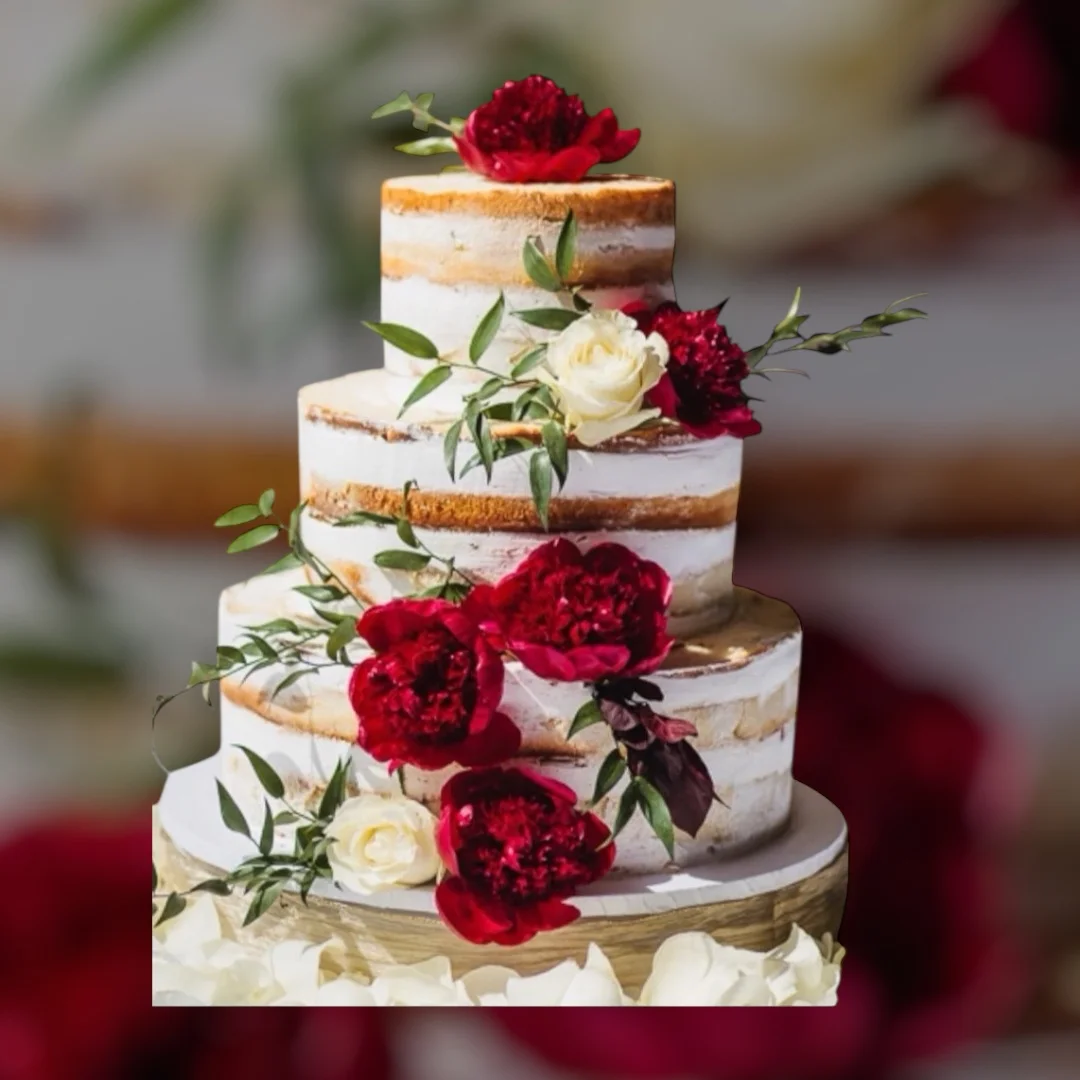 Elegant three-tier wedding cake adorned with fresh flowers