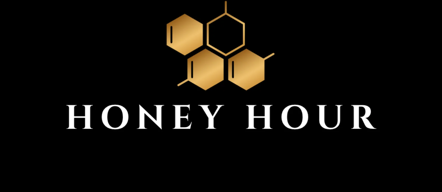 Honey Hour restaurant logo with gold geometric honeycomb design