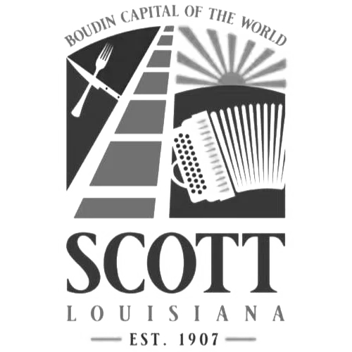 Logo of Scott, Louisiana, featuring boudin and an accordion.