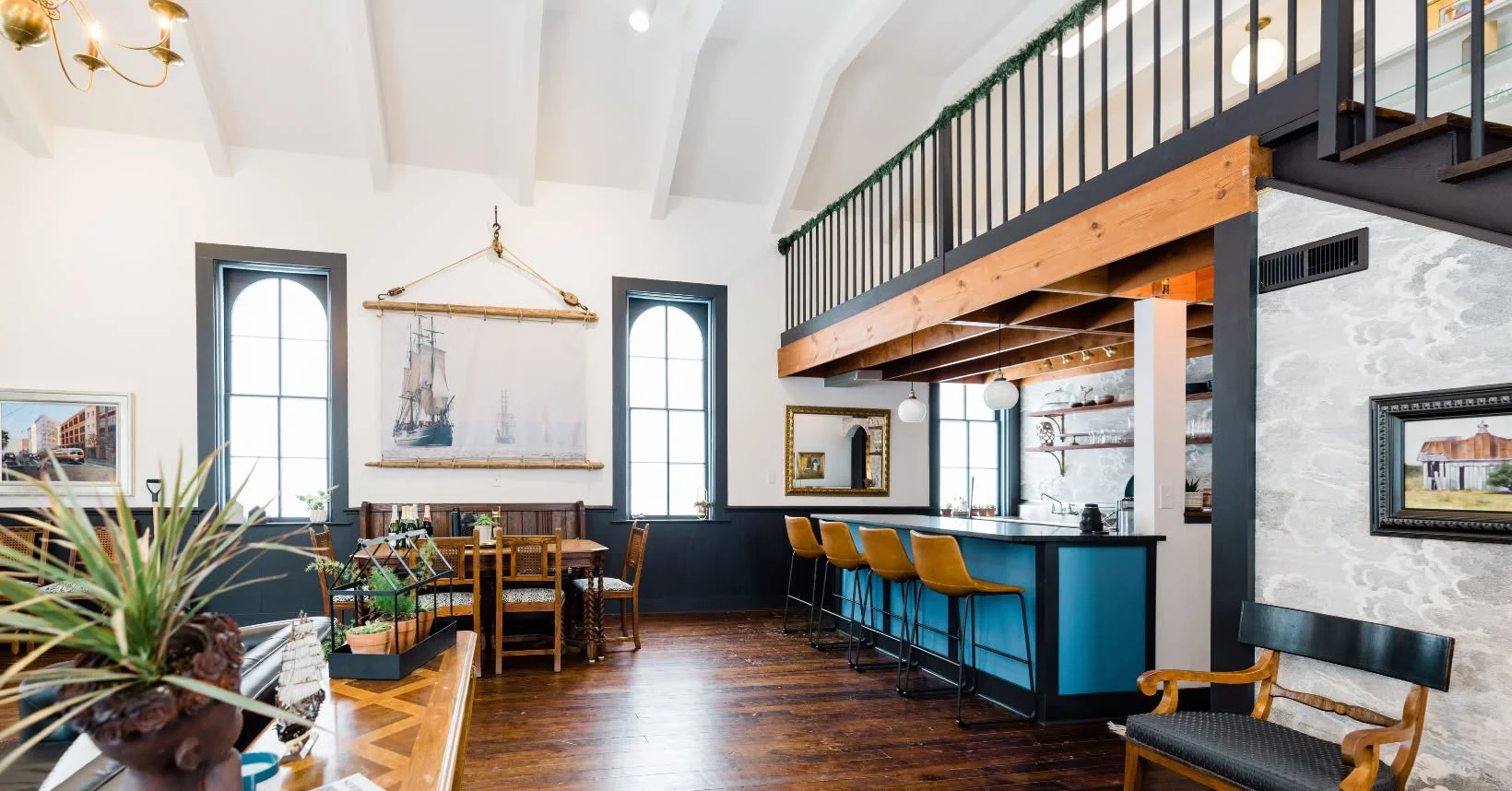 Charming restaurant interior with nautical decor and wooden accents