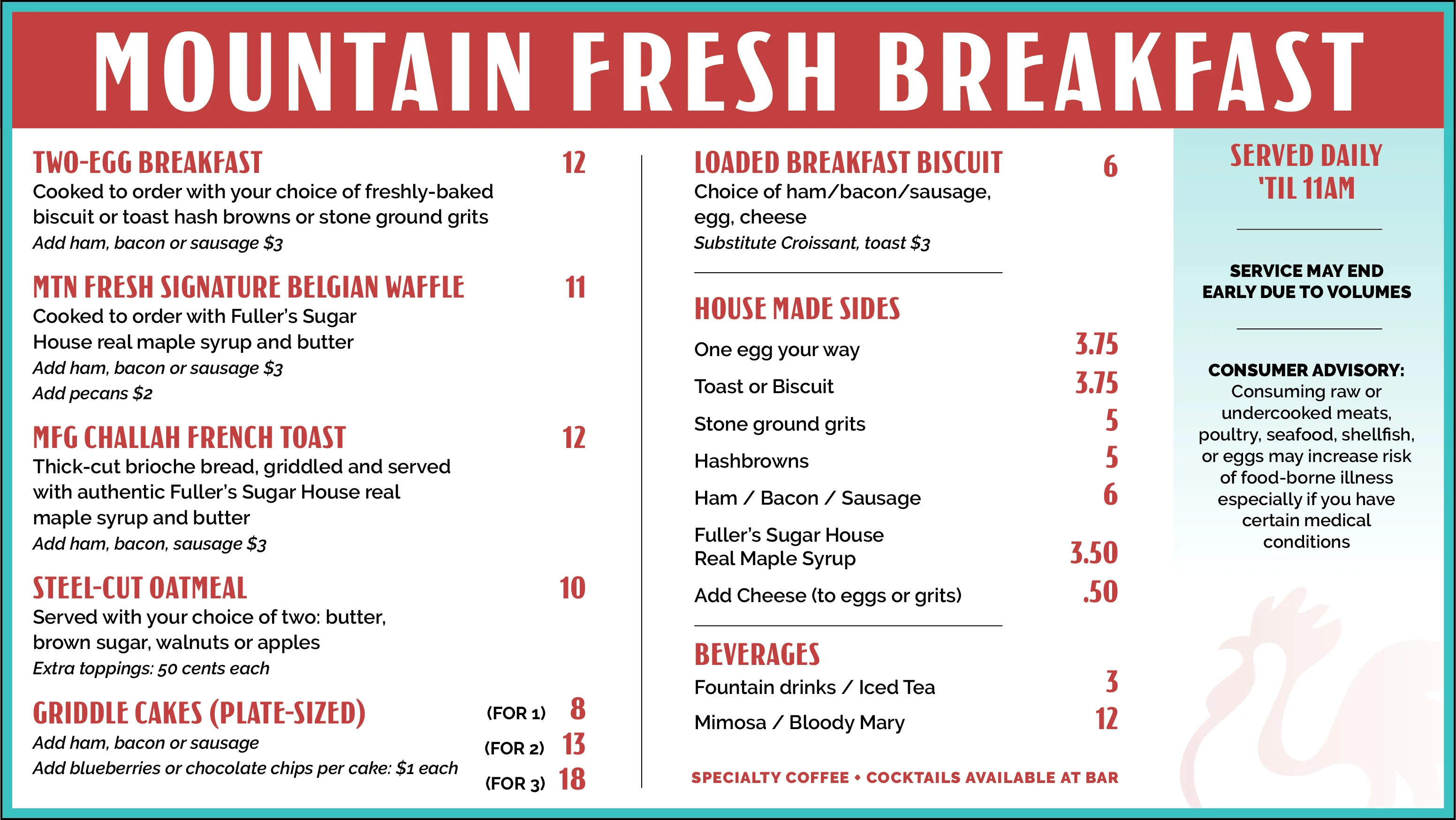 Breakfast menu featuring classic American dishes