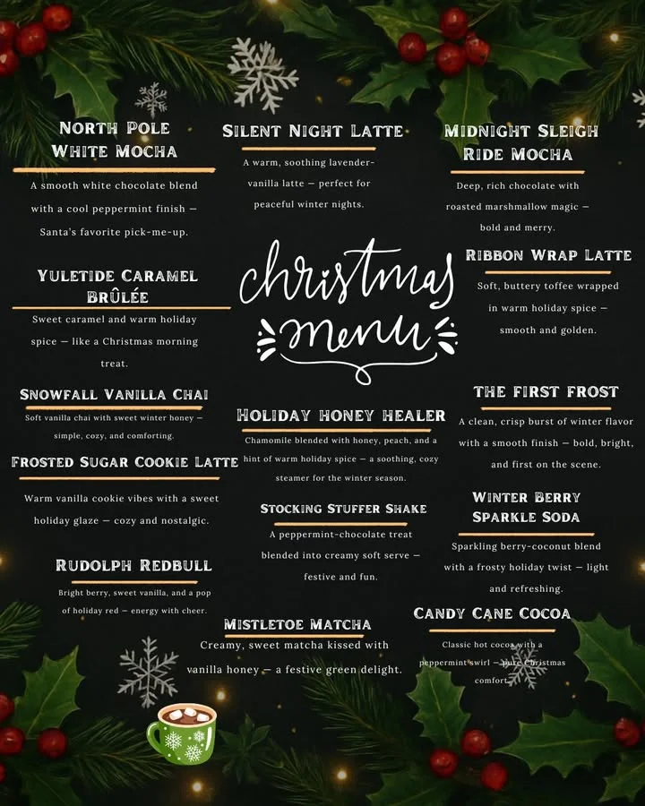 A festive Christmas menu featuring a variety of holiday drinks with decorative elements.