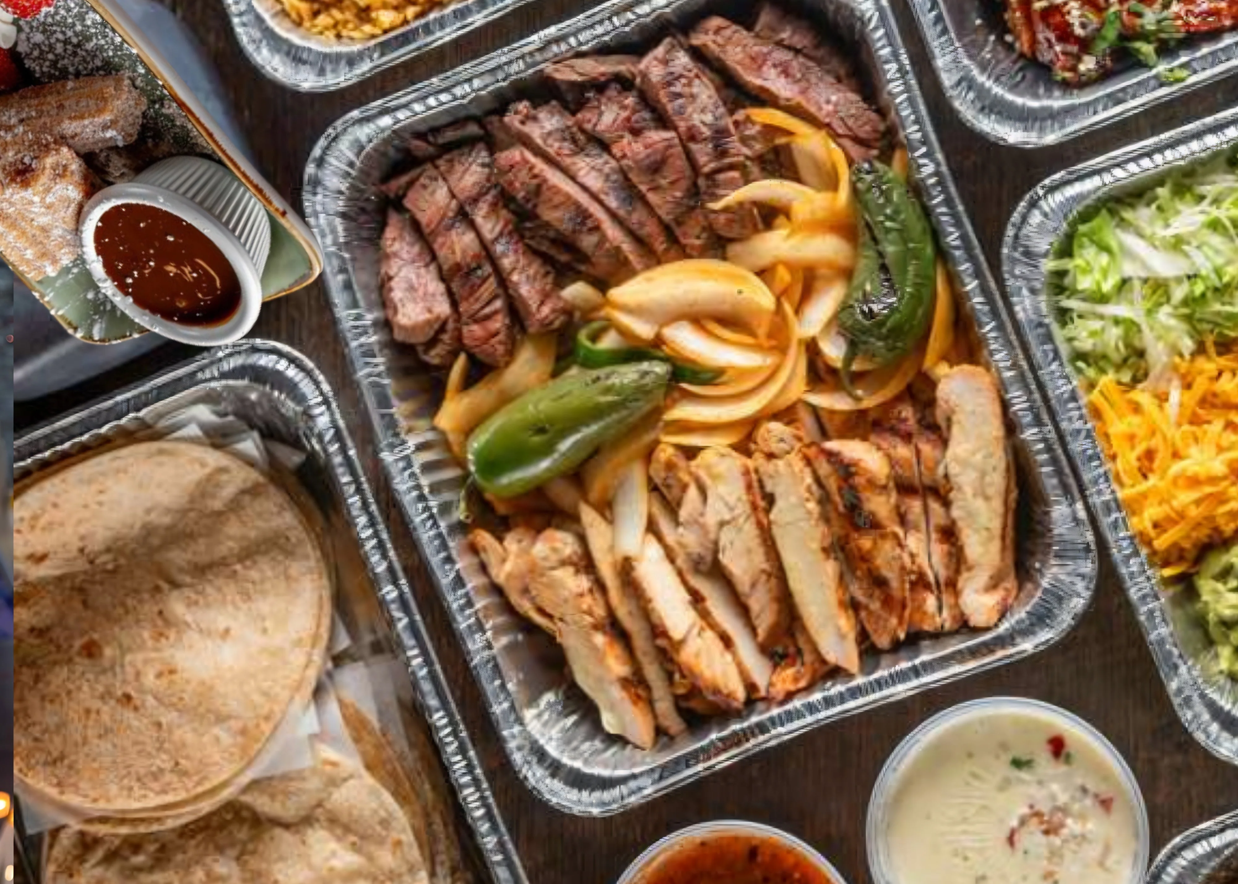 Grilled meats, tortillas, and sides in takeout containers.