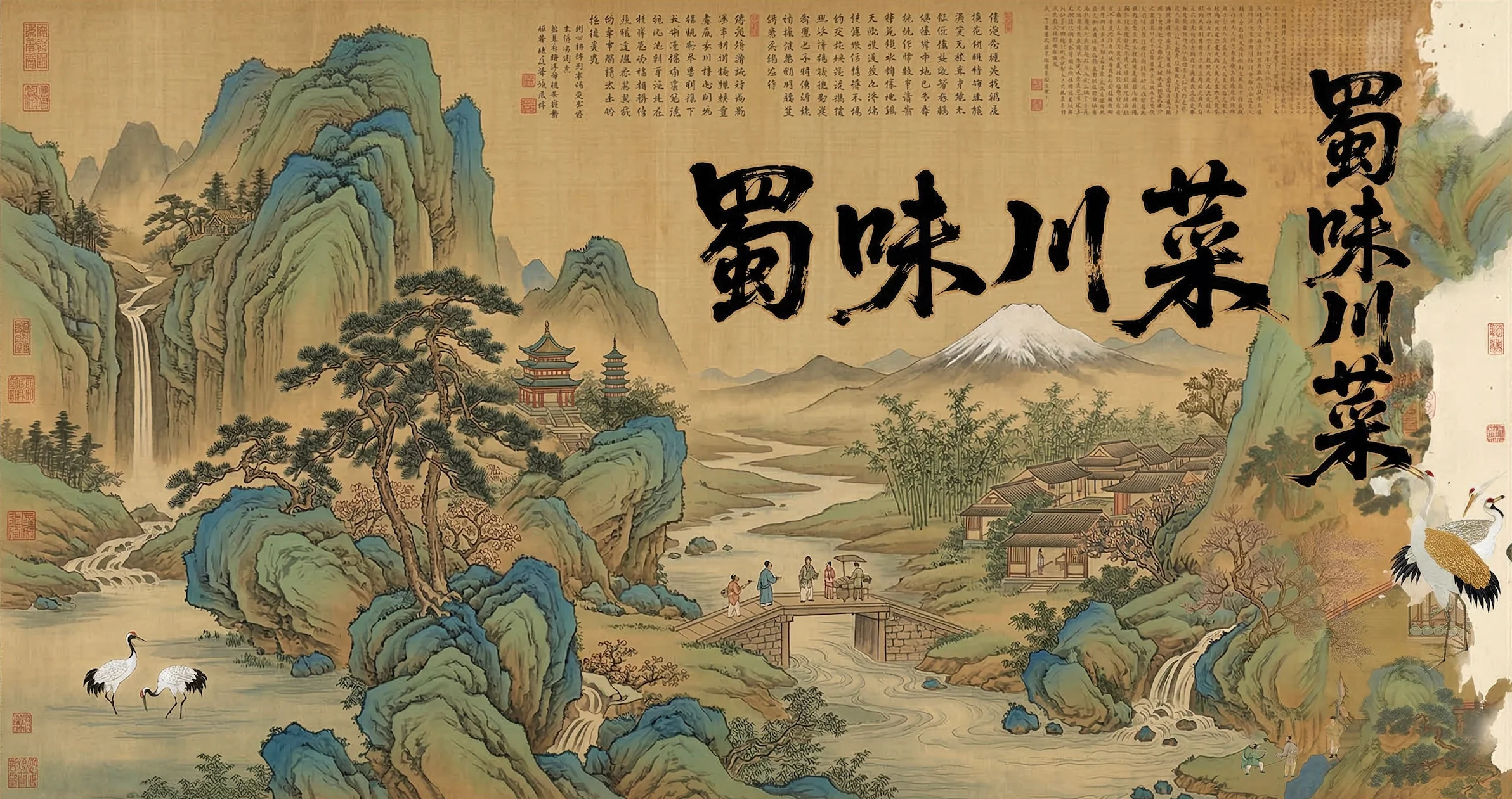 Traditional Chinese landscape painting with mountains and water