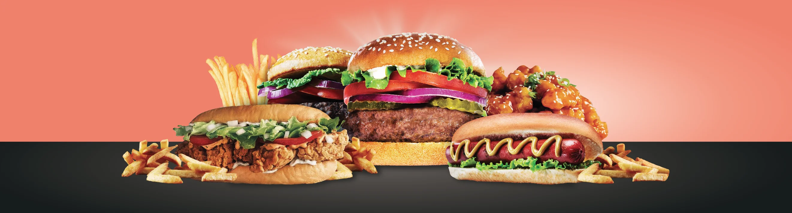 Assorted American fast food: burgers, hot dogs, and fries on a vibrant background.