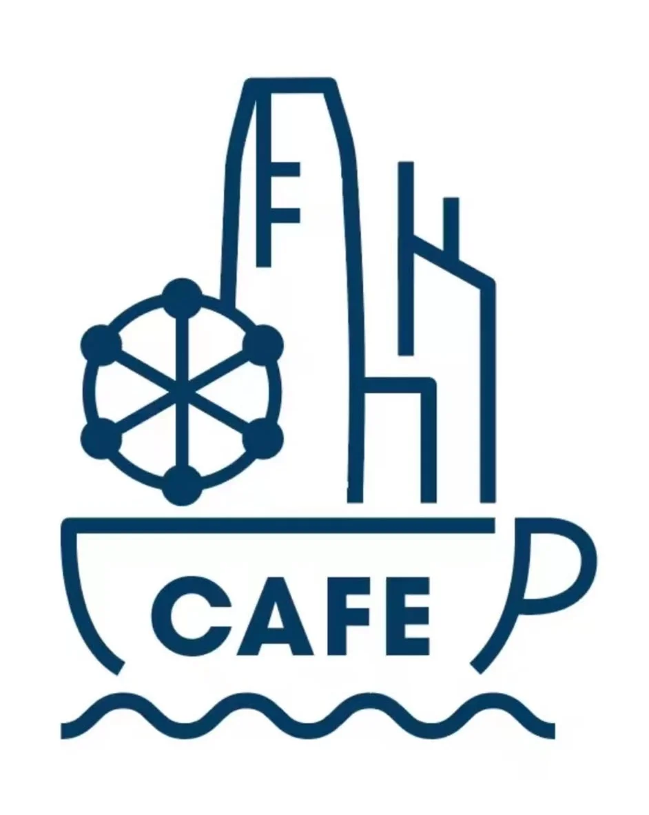 Stylized cafe logo featuring city skyline and coffee cup design