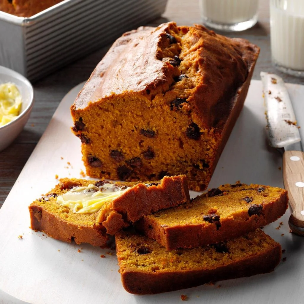Moist pumpkin bread with chocolate chips and butter spread