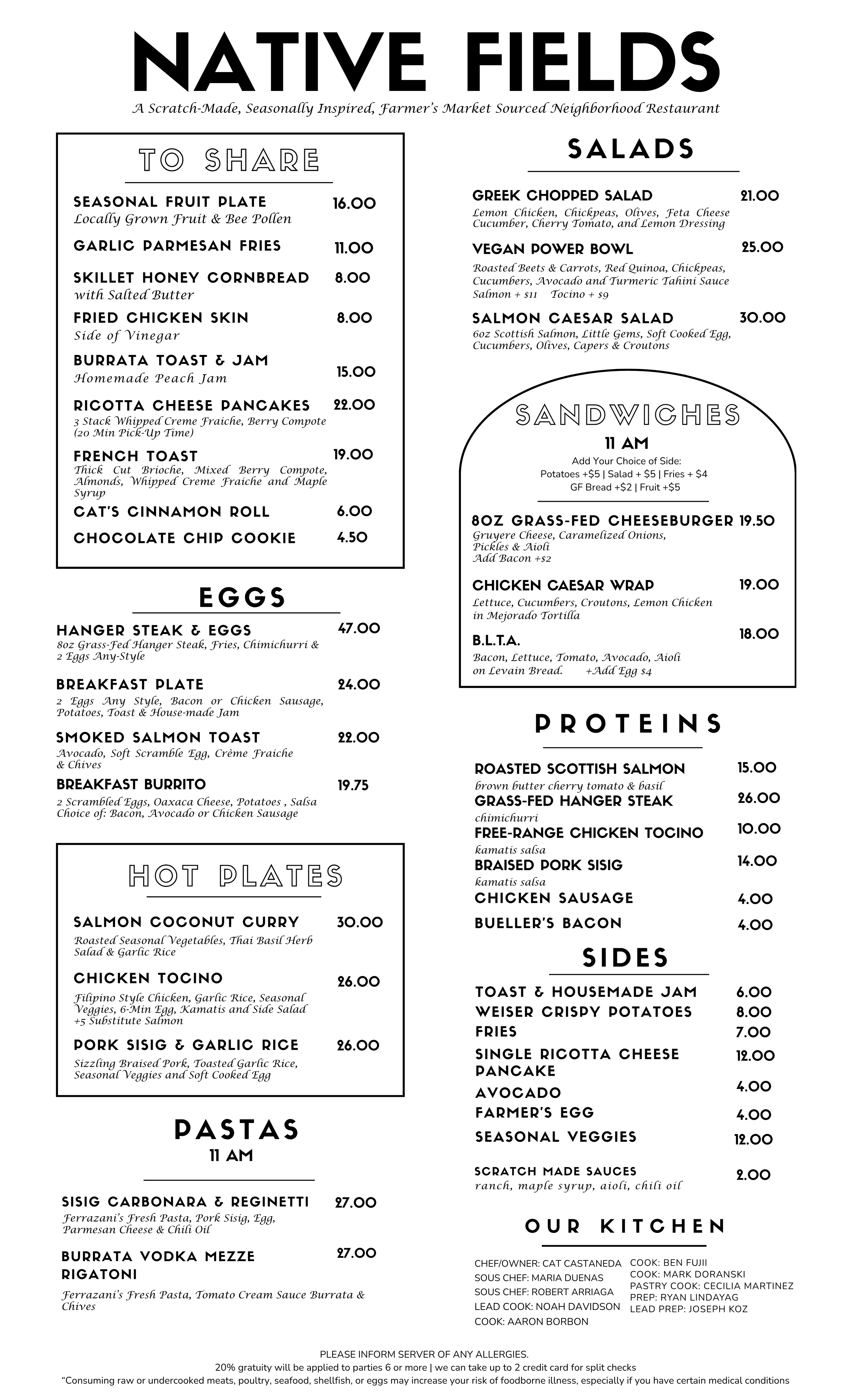 Diverse menu at Native Fields restaurant featuring seasonal dishes