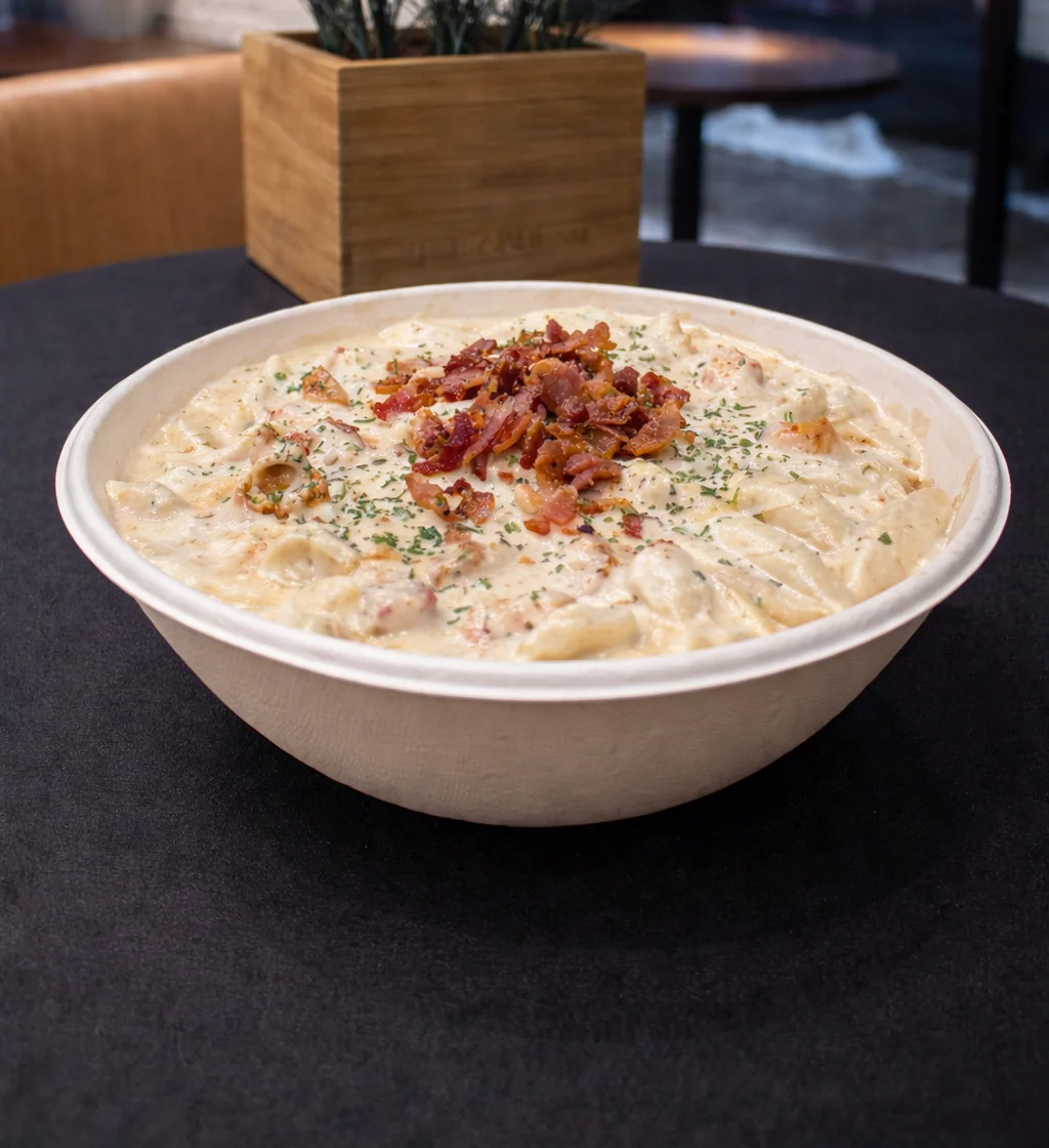 Creamy fettuccine Alfredo topped with crispy bacon