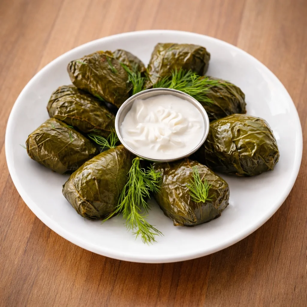 A plate of stuffed grape leaves arranged in a circular pattern, served with a small bowl of creamy dip and garnished with fresh herbs.