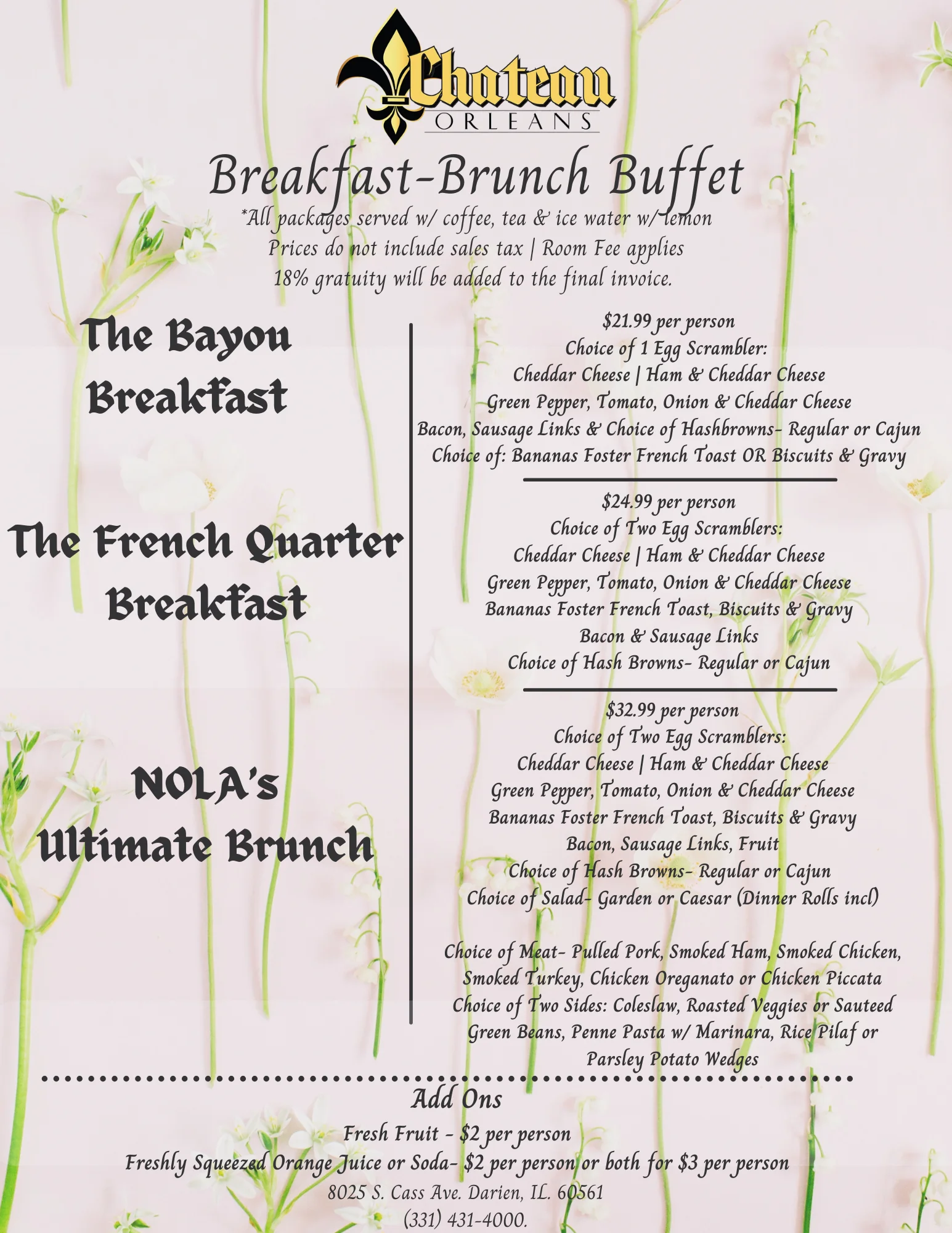 Breakfast-brunch buffet menu at Chateau Orleans