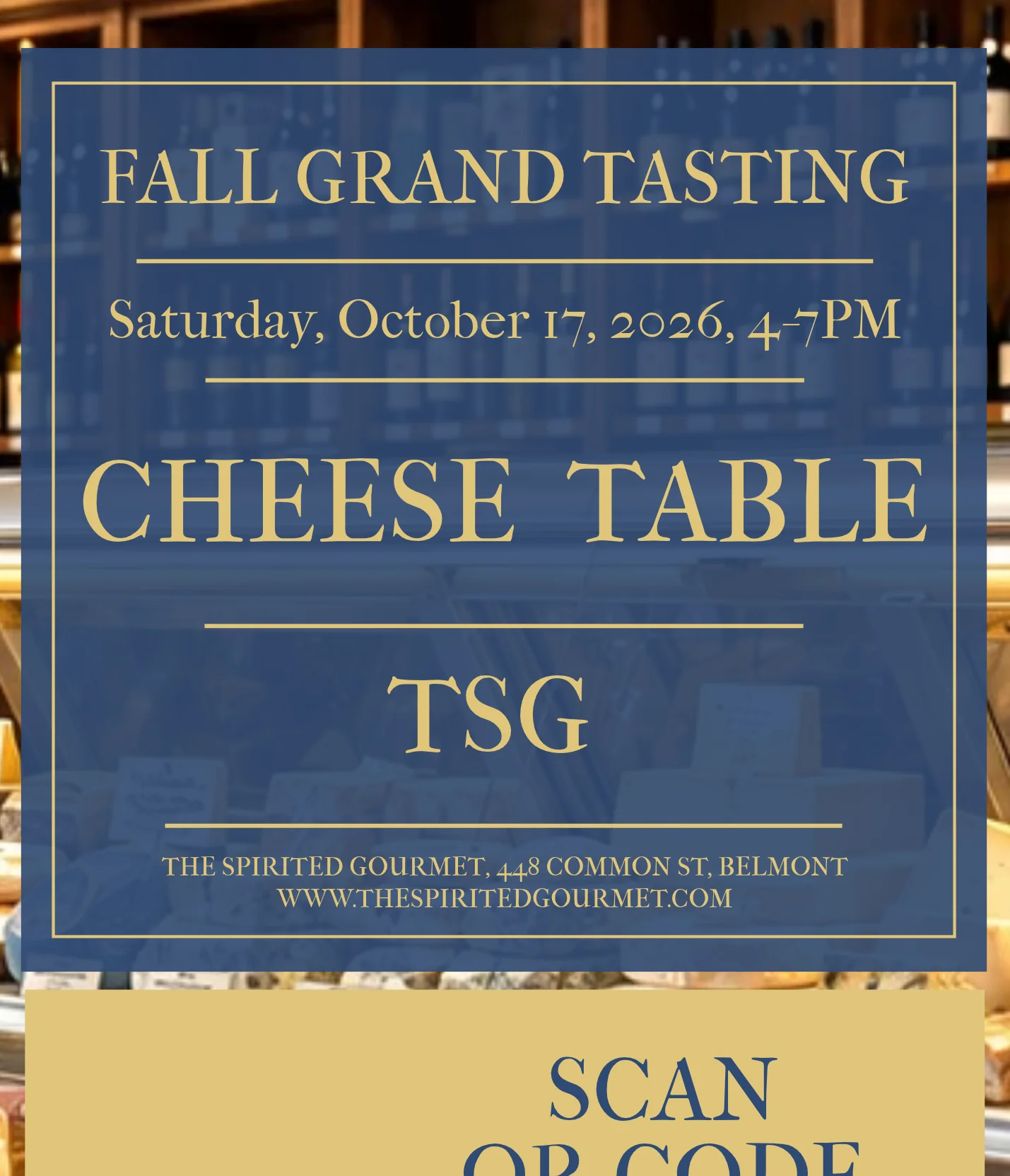 Restaurant event flyer for fall grand tasting cheese table with QR code ordering