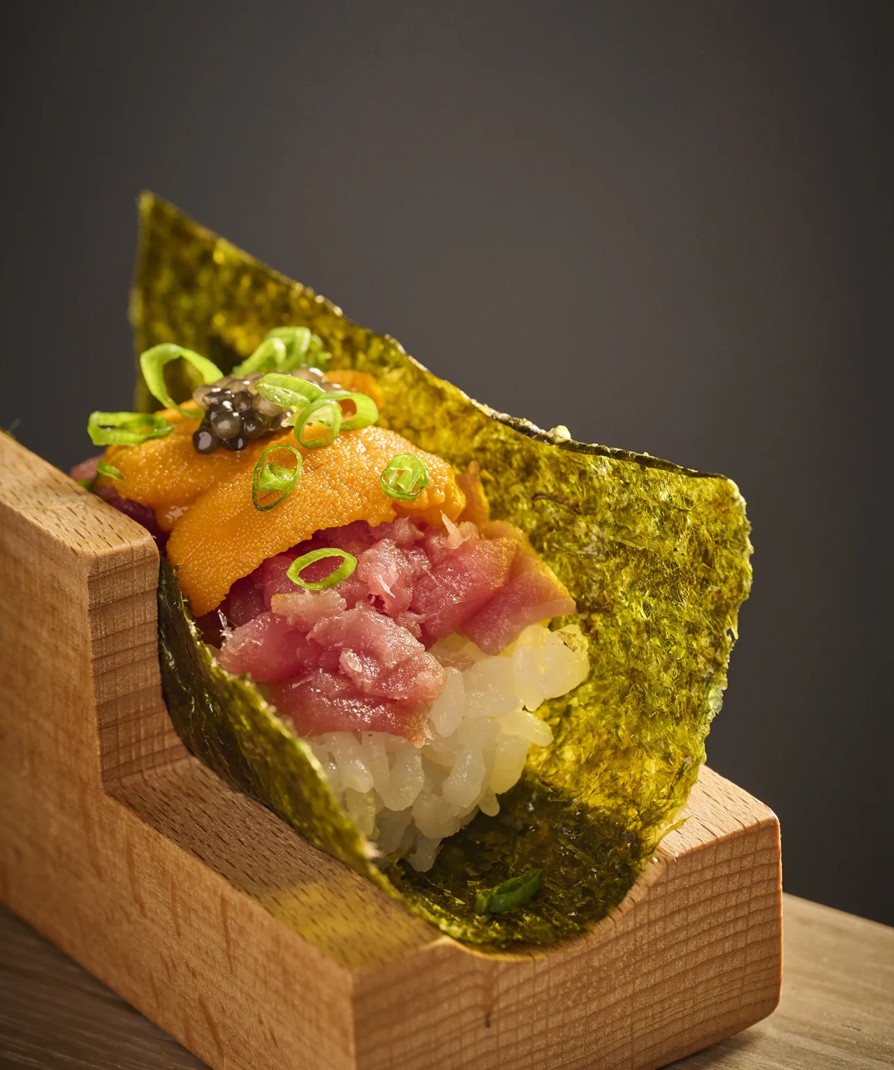 Japanese sushi with sea urchin and tuna on nori