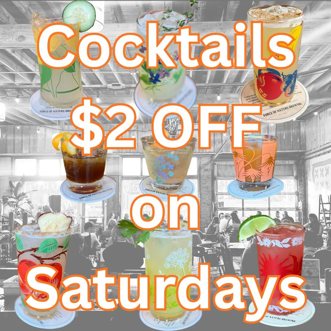 Cocktail special promotional graphic with colorful drinks and bold Saturday lettering