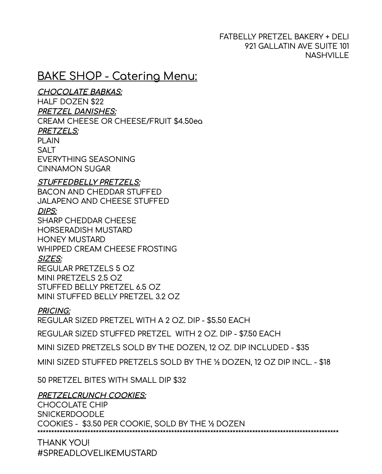 Catering menu for pretzel bakery featuring various pretzel options