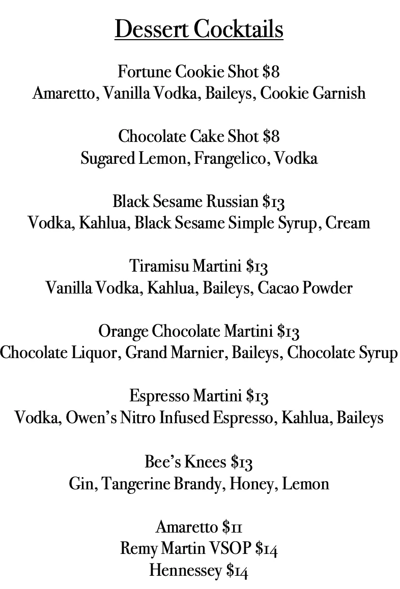 Dessert cocktail menu featuring unique drinks