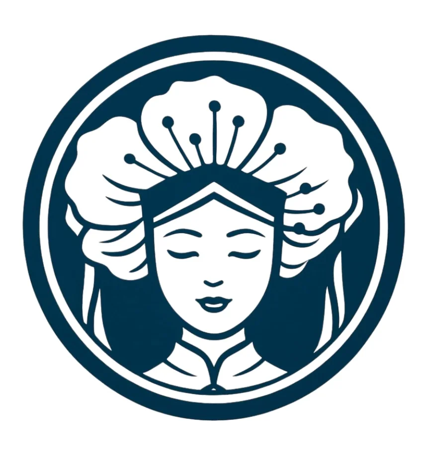 Stylized logo featuring a serene woman with traditional Asian headdress