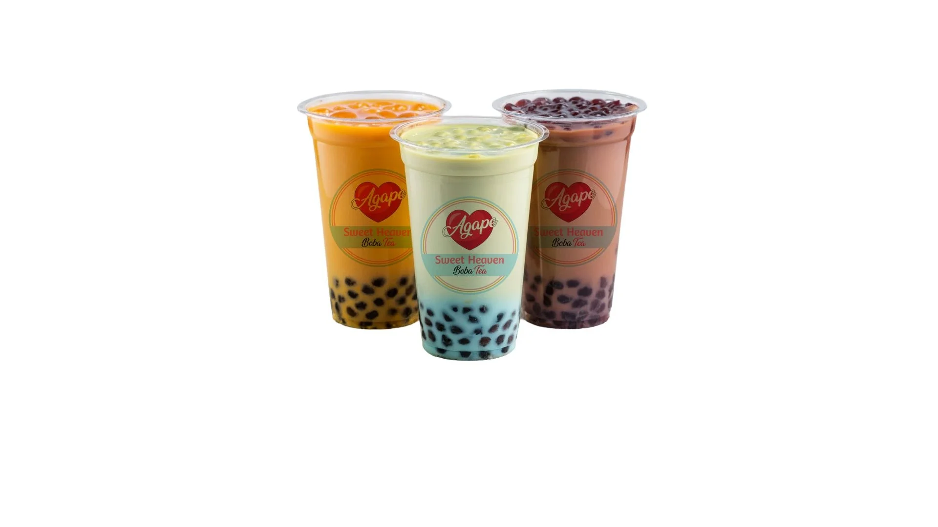 Colorful boba tea drinks in clear cups