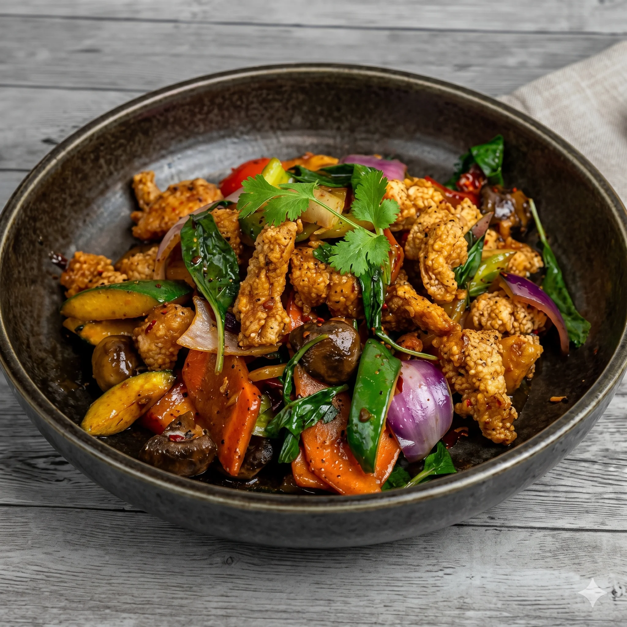 Stir-fried vegetables and crispy protein in a dark bowl with herbs