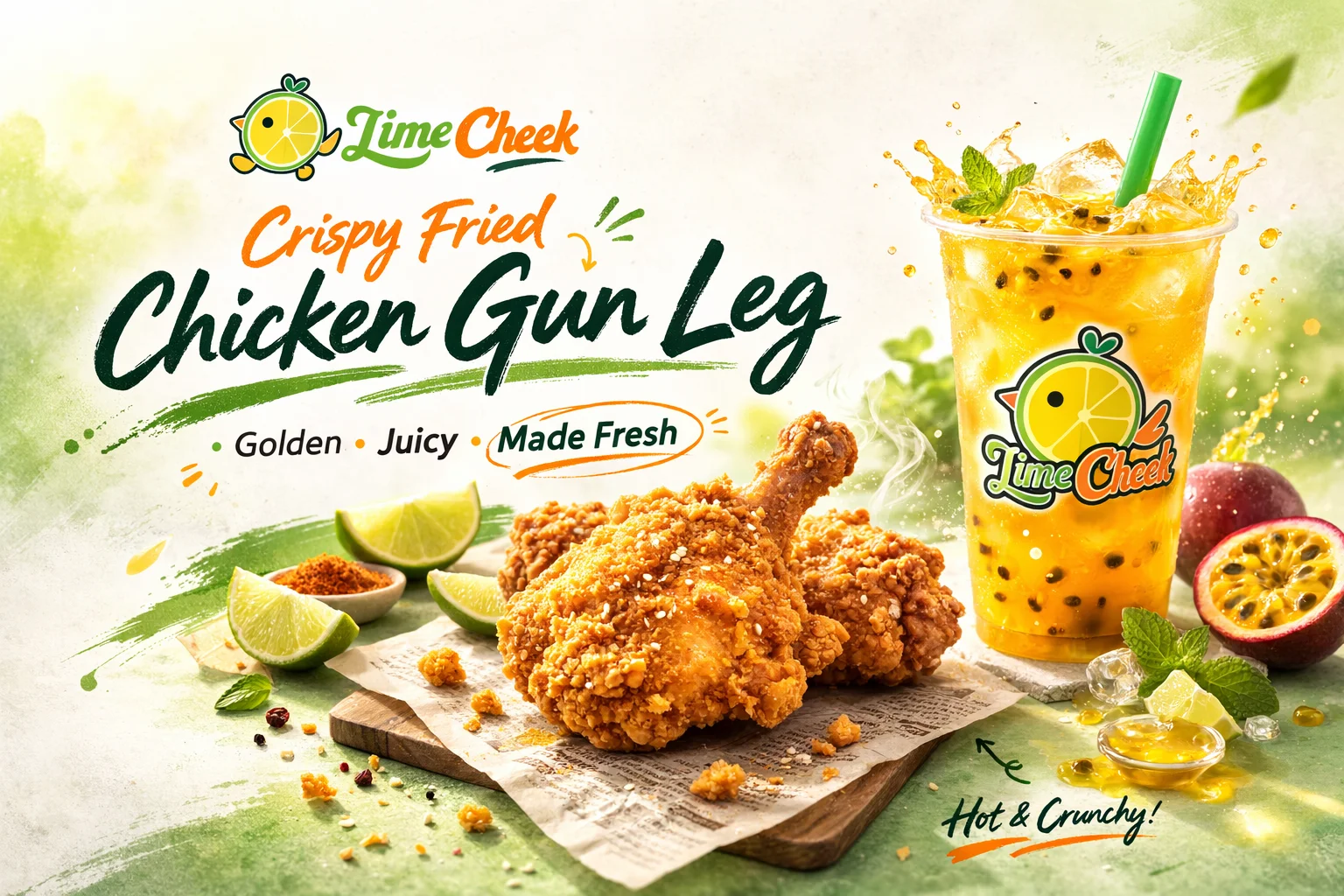 Crispy fried chicken leg with refreshing drink