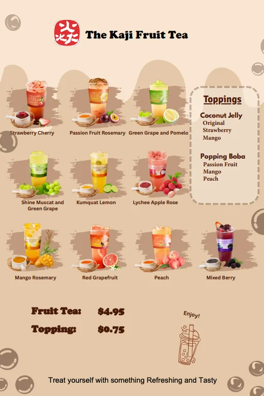 Colorful fruit tea menu featuring various refreshing drinks