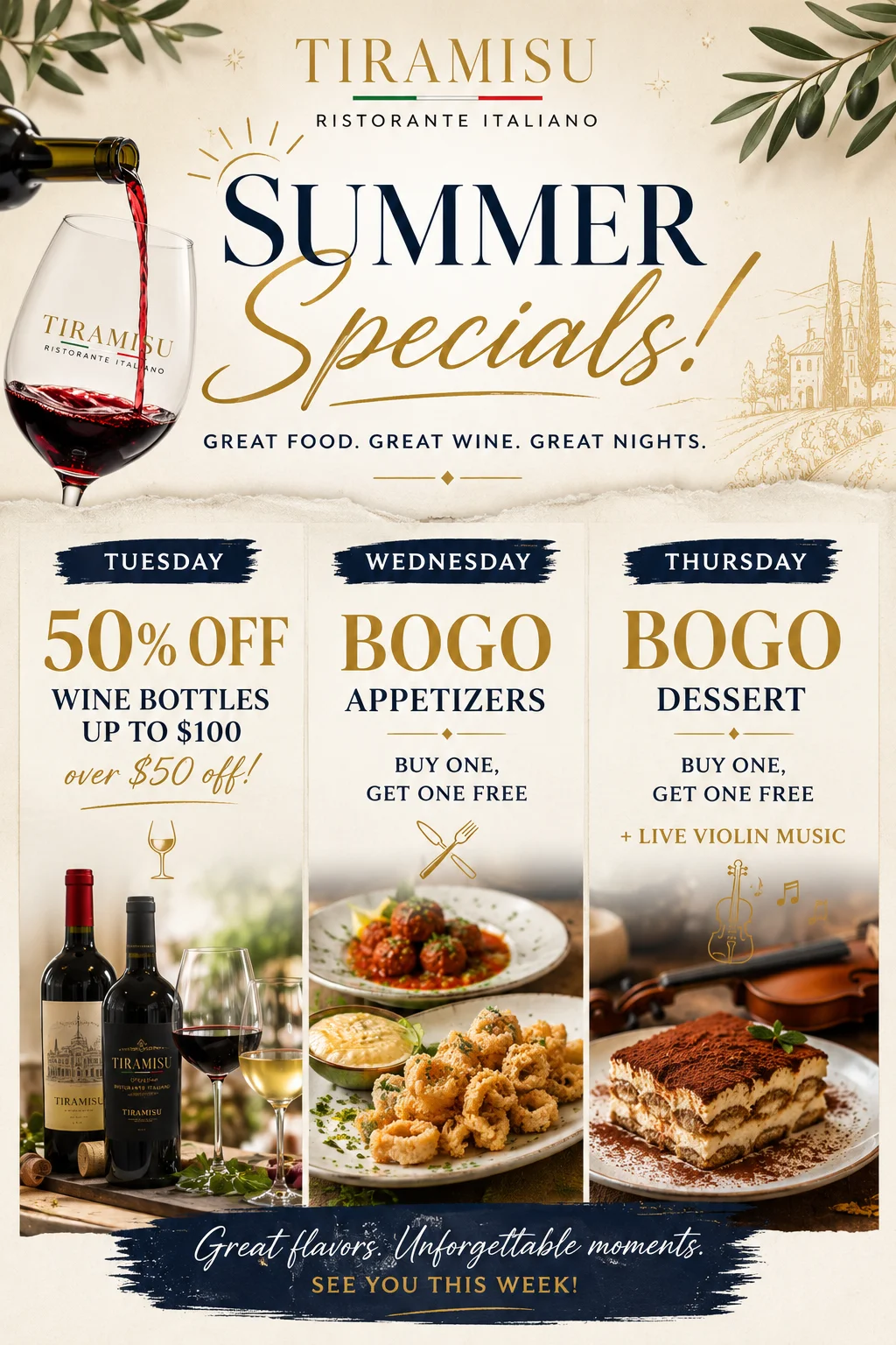 Gift card for Tiramisu Italian restaurant featuring wine and cheese