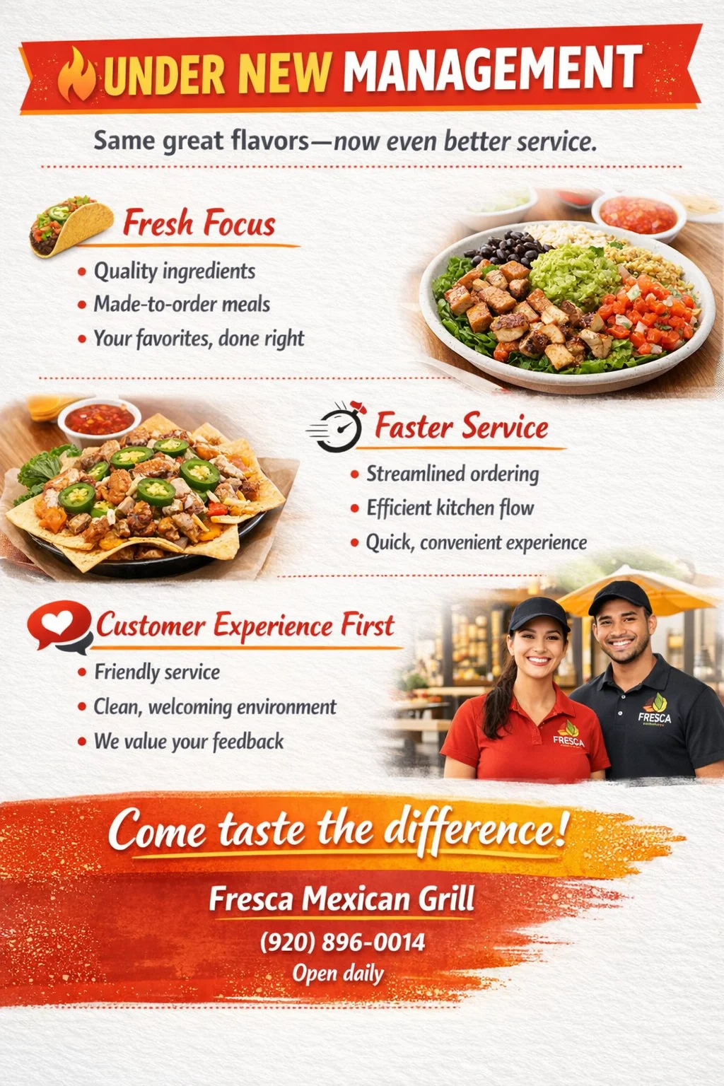 Fresca Mexican Grill sign announcing new management and improved service.