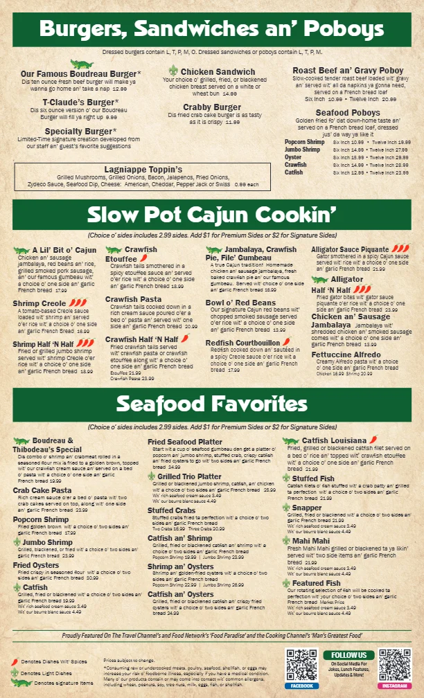 Menu featuring burgers, sandwiches, and seafood dishes with prices.