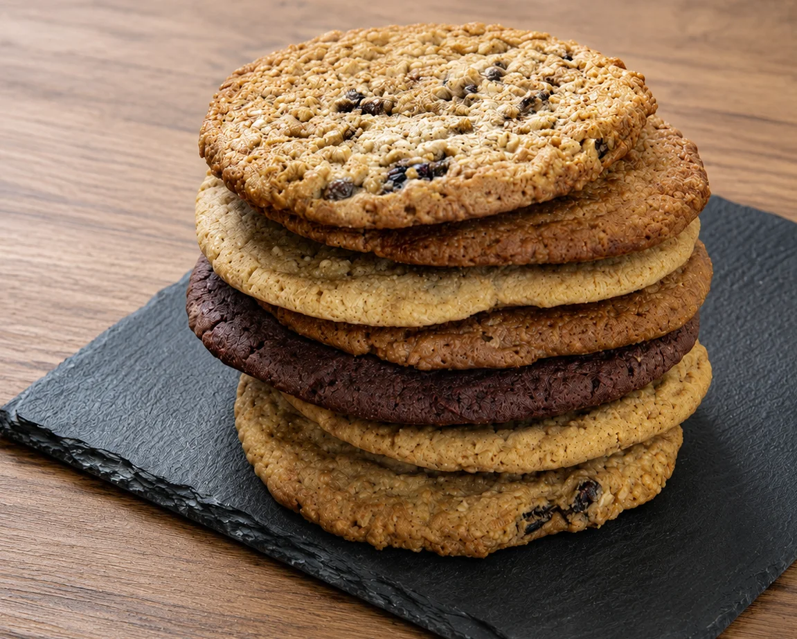 Stack of assorted cookies on a slate board.