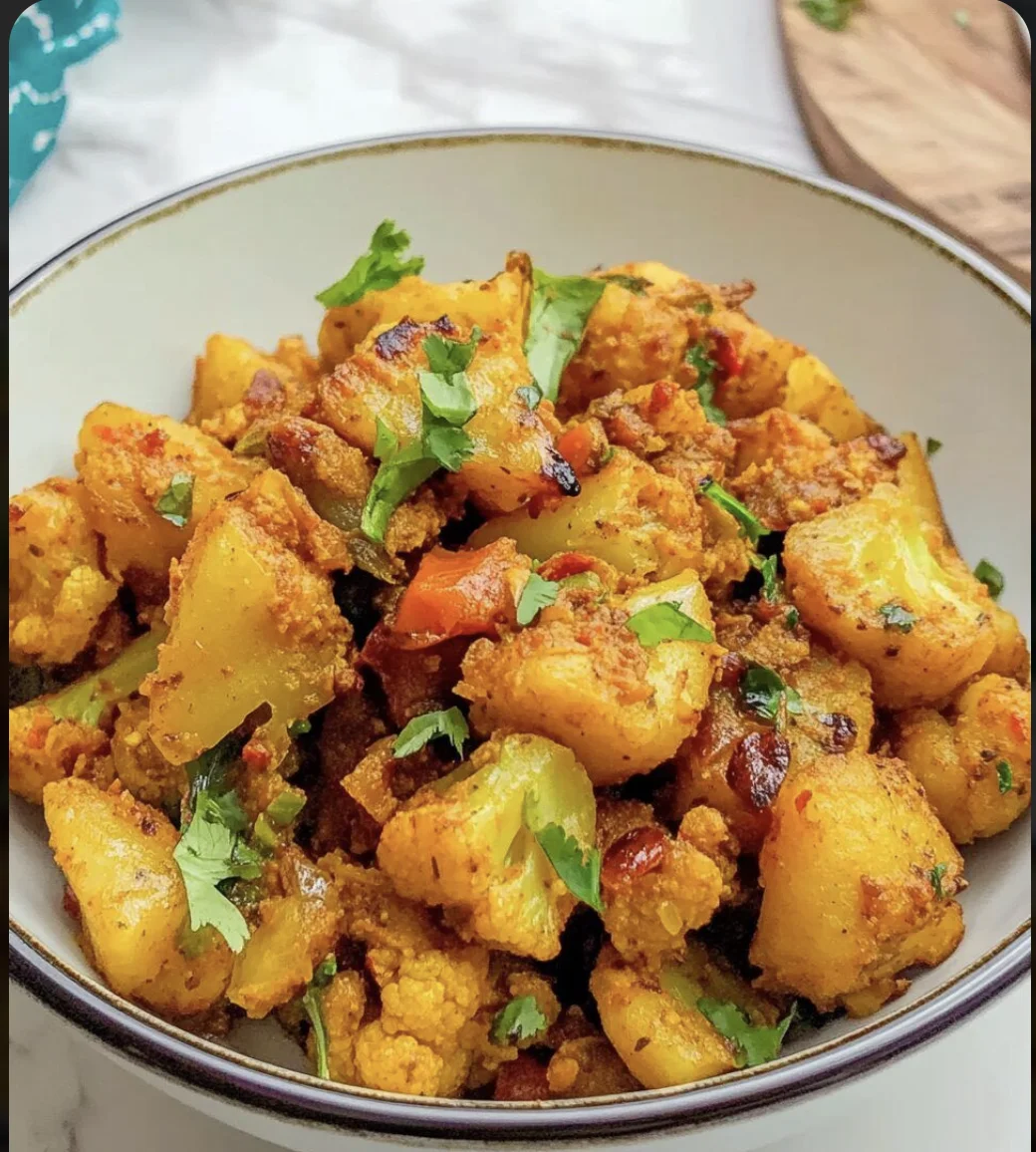 A bowl of spiced mixed vegetables featuring potatoes, cauliflower, and green herbs topped with fresh cilantro.
