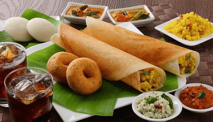 South Indian dosa platter with sambar and chutneys