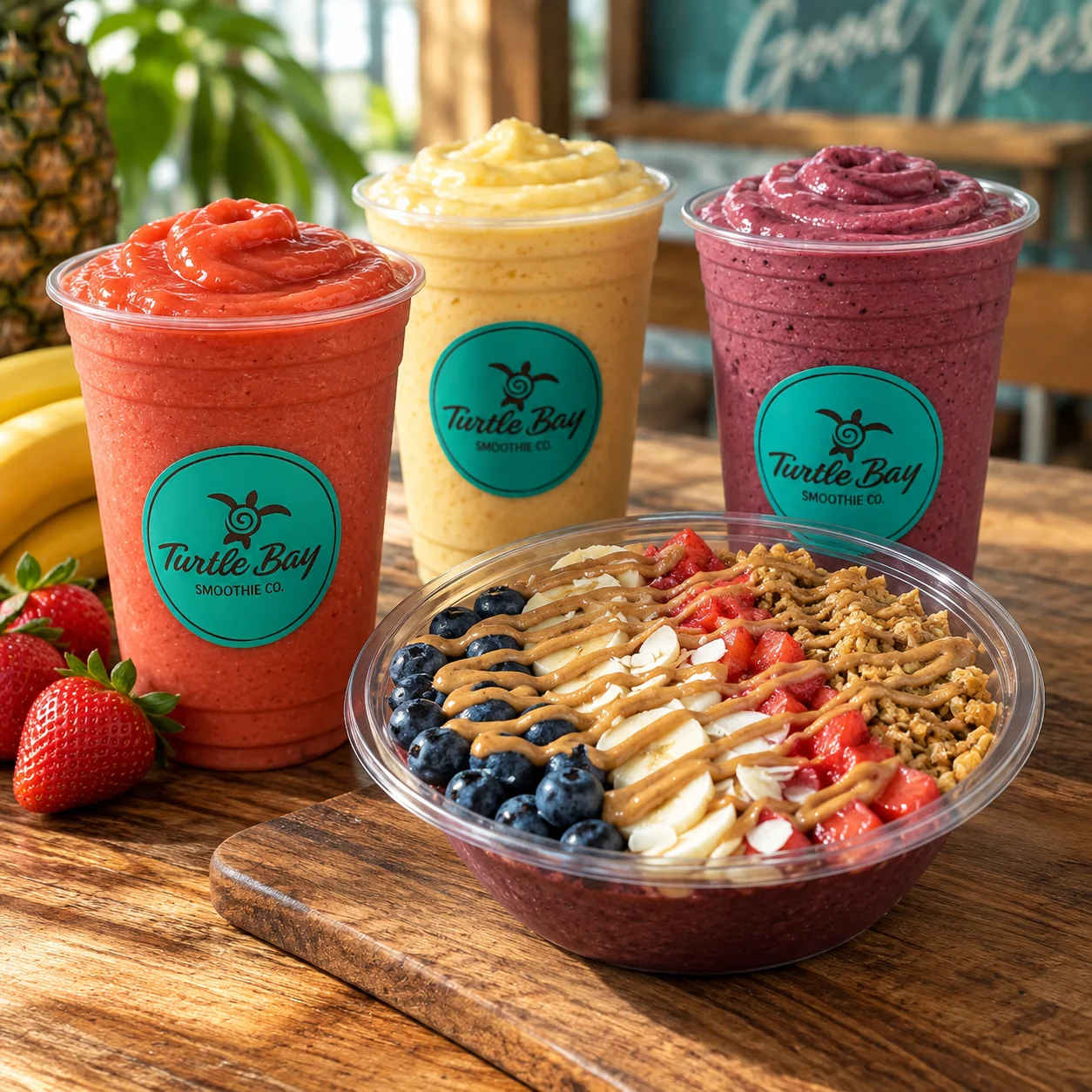 A refreshing green smoothie in a clear cup with a lid, garnished with a sprig of mint, placed on a wooden table with a logo in the background.
