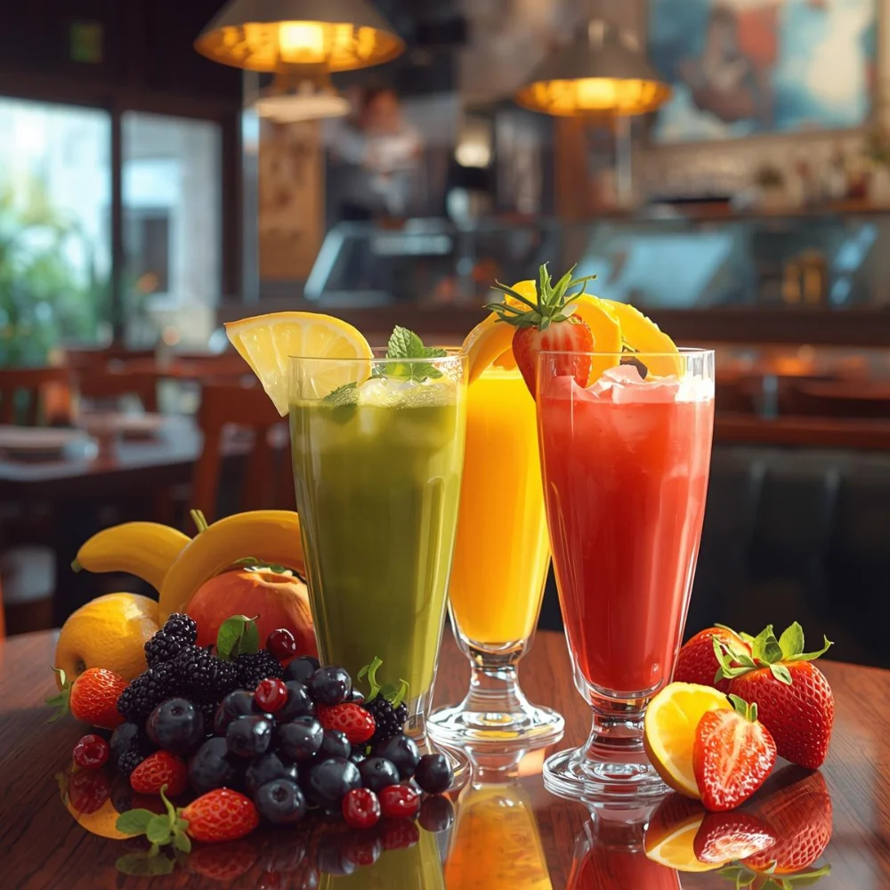 Colorful fruit smoothies in a vibrant restaurant setting