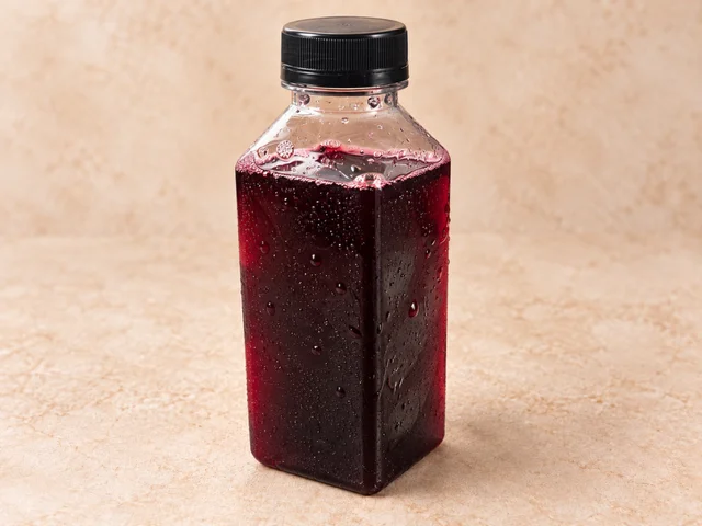 A transparent bottle filled with a dark red beverage. The bottle has condensation on the outside, suggesting it is chilled.