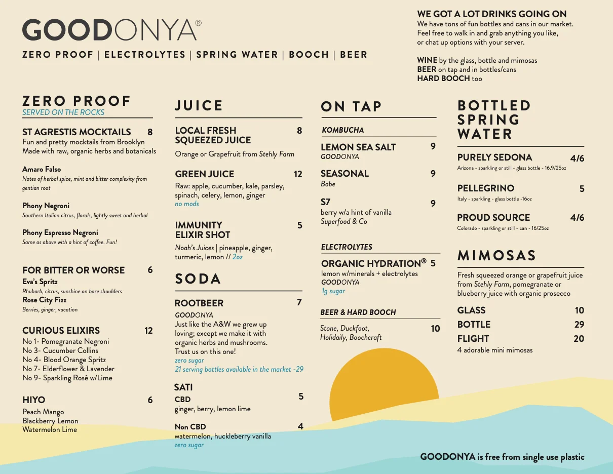 Drink menu featuring zero proof cocktails and fresh juices