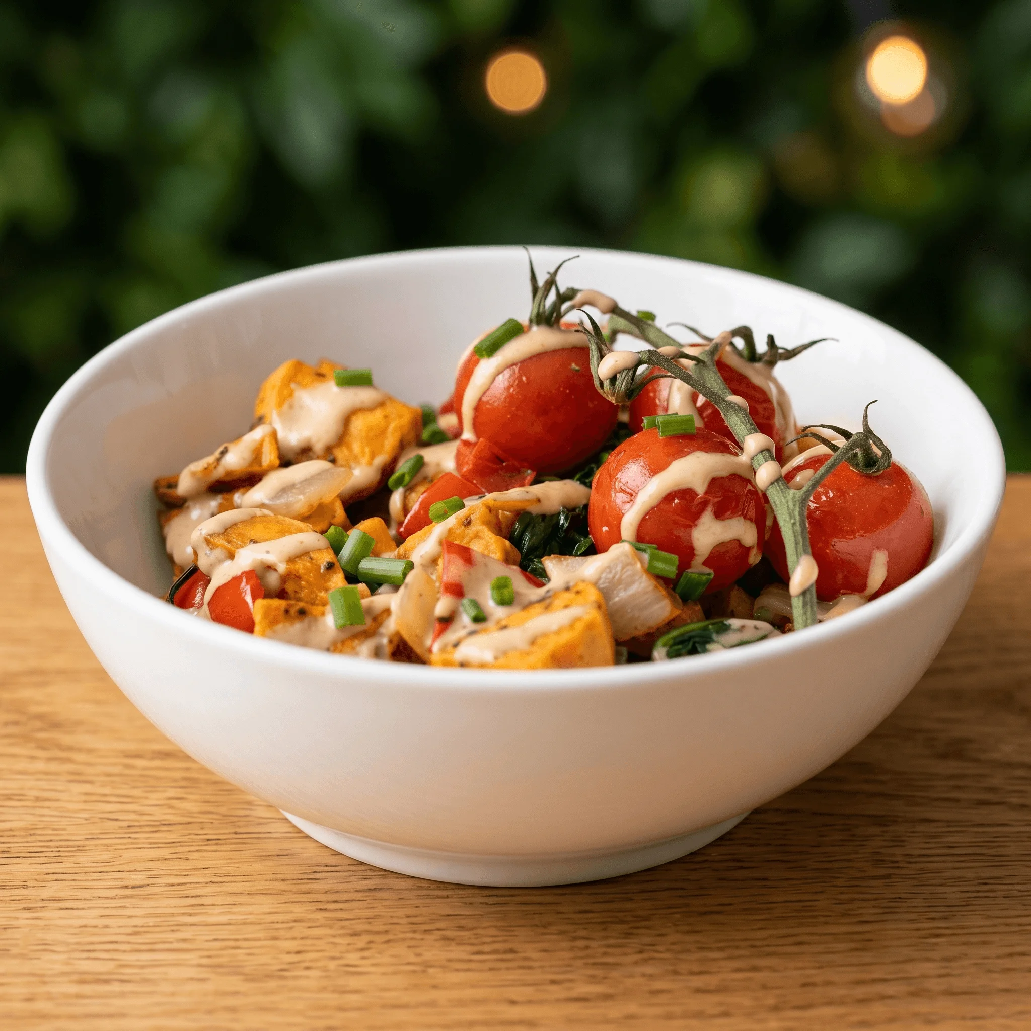 Colorful Mediterranean grain bowl with roasted tomatoes