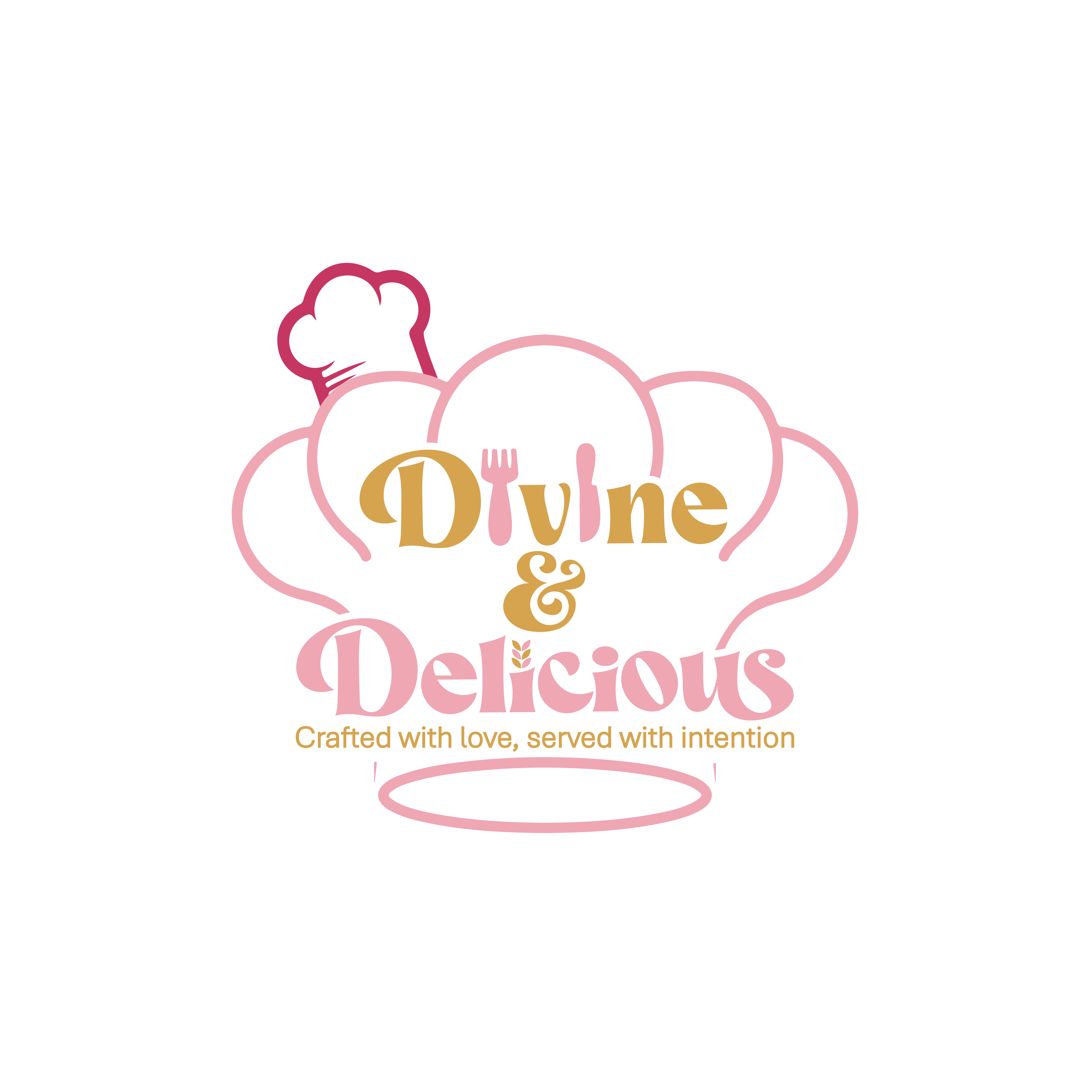 An elegant logo design similar to the first, showcasing a chef's hat and the phrase 'Divine & Delicious' with a heartwarming tagline about cooking.