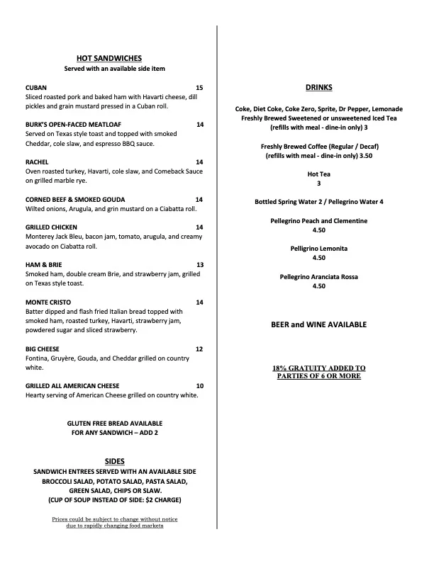 Menu featuring a variety of hot sandwiches and drinks