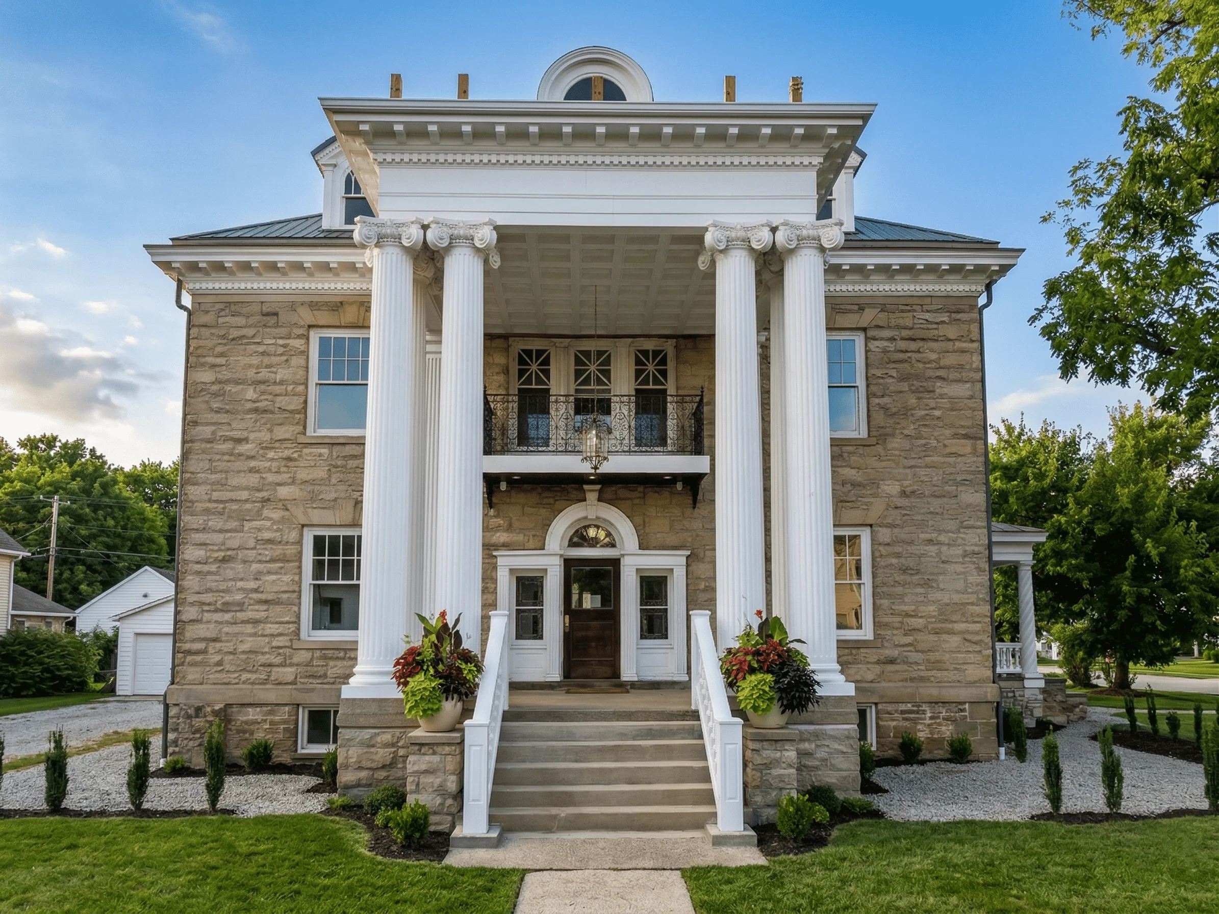 An elegant illustration of a mansion featuring classic architectural elements and a welcoming facade. The design suggests fine dining and leisure.